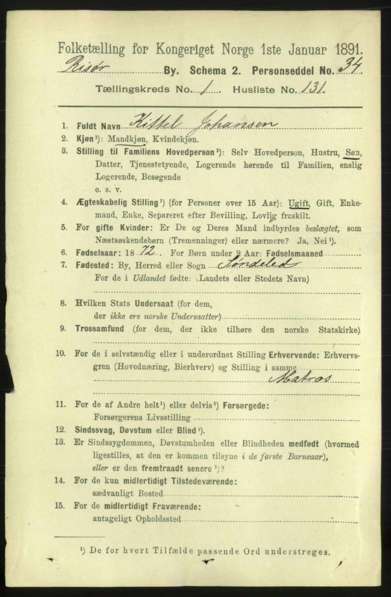 RA, 1891 census for 0901 Risør, 1891, p. 2071