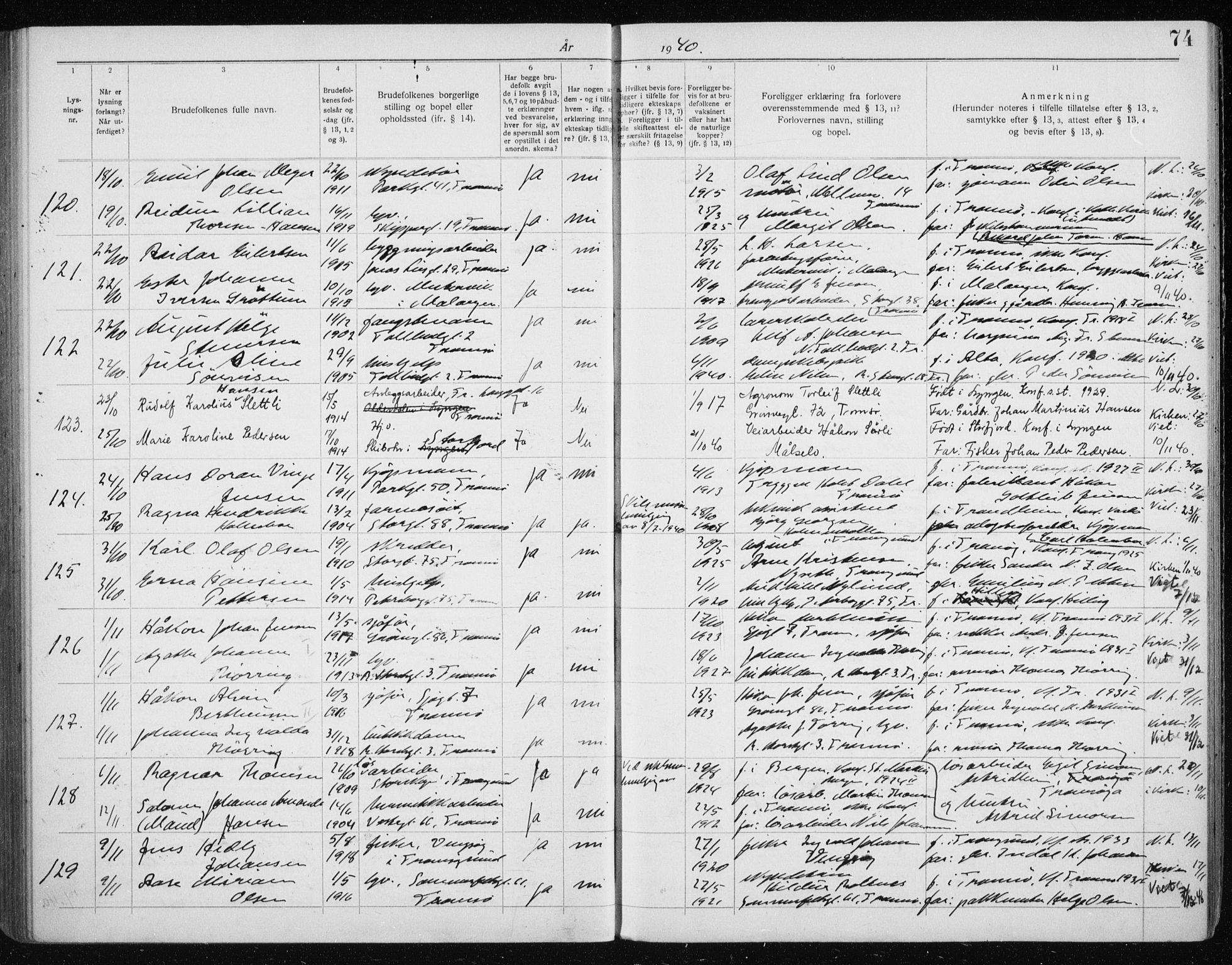 Tromsø sokneprestkontor/stiftsprosti/domprosti, AV/SATØ-S-1343/H/Hc/L0101: Banns register no. 101, 1933-1943, p. 74