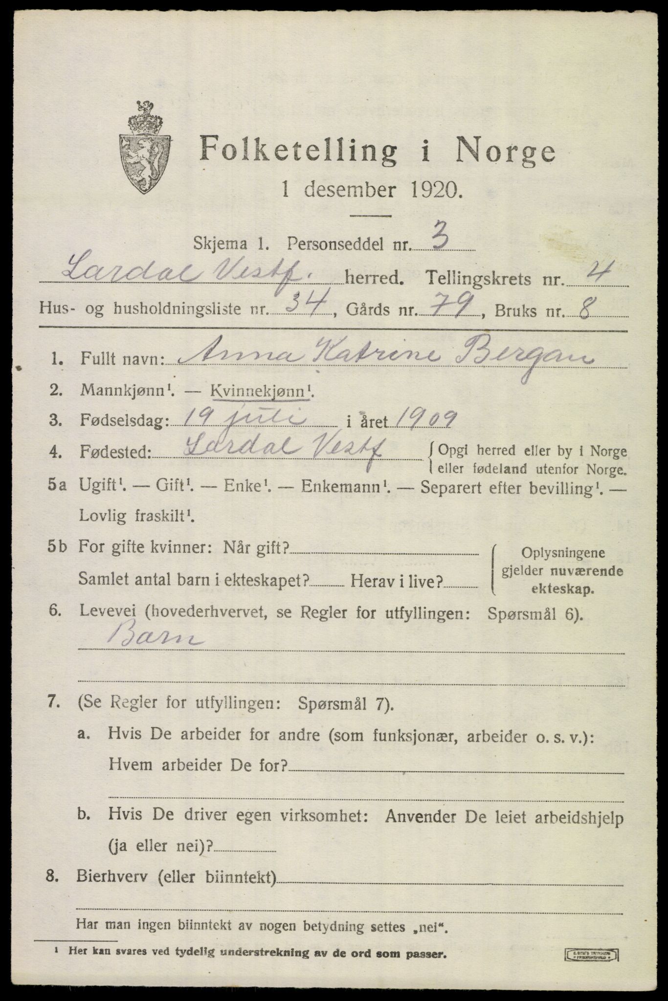 SAKO, 1920 census for Lardal, 1920, p. 3939
