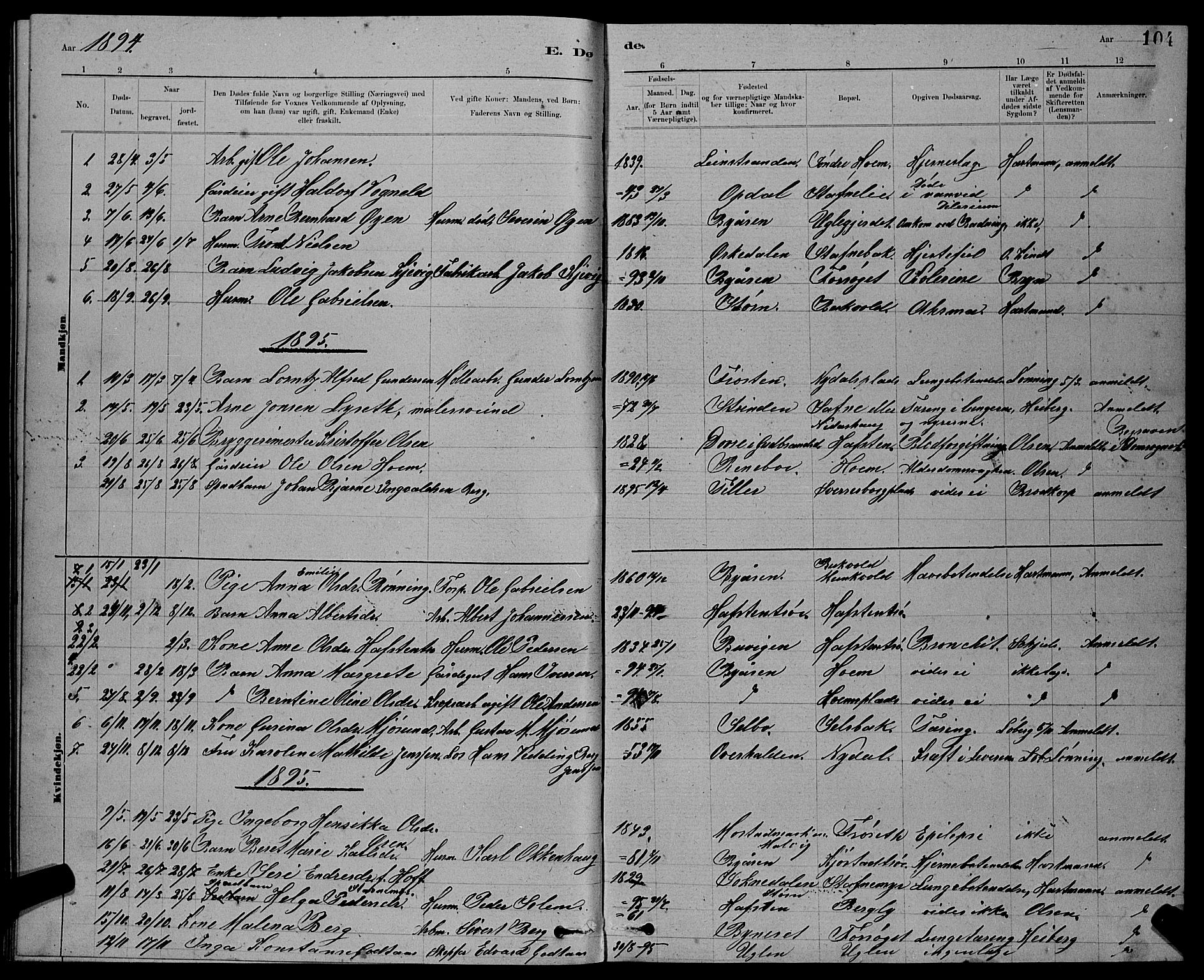 Ministerialprotokoller, klokkerbøker og fødselsregistre - Sør-Trøndelag, SAT/A-1456/611/L0354: Parish register (copy) no. 611C02, 1881-1896, p. 104