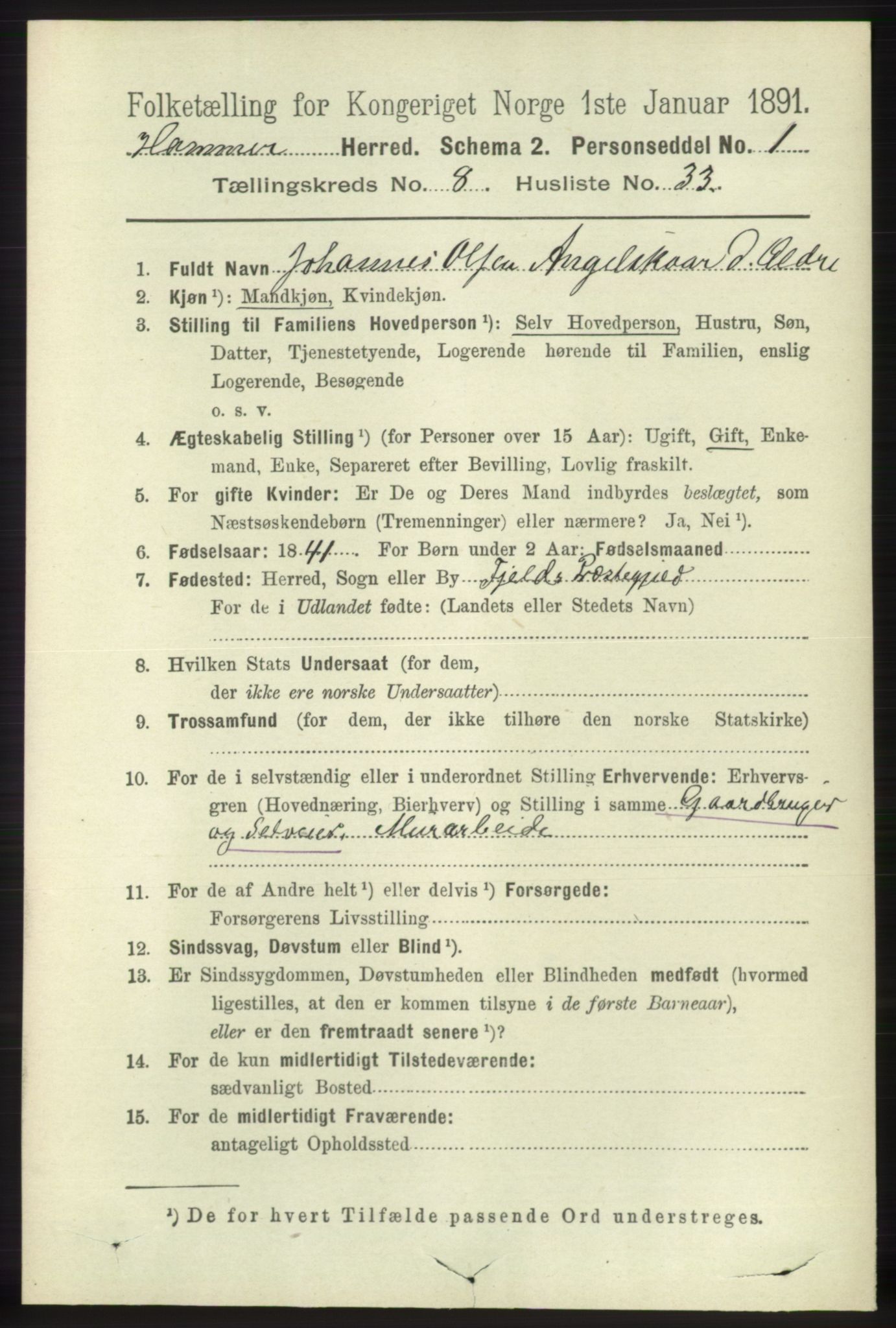 RA, 1891 census for 1254 Hamre, 1891, p. 2203