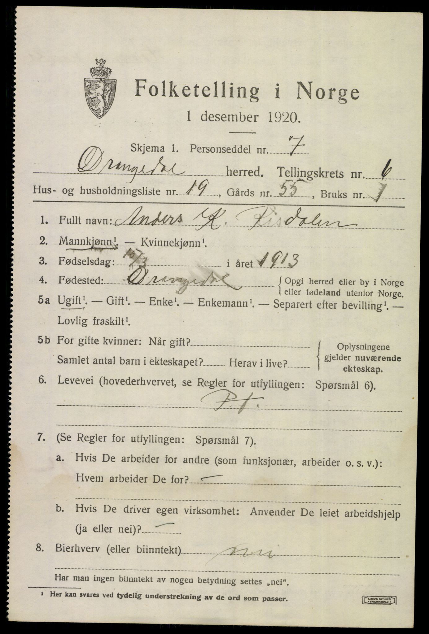 SAKO, 1920 census for Drangedal, 1920, p. 4469