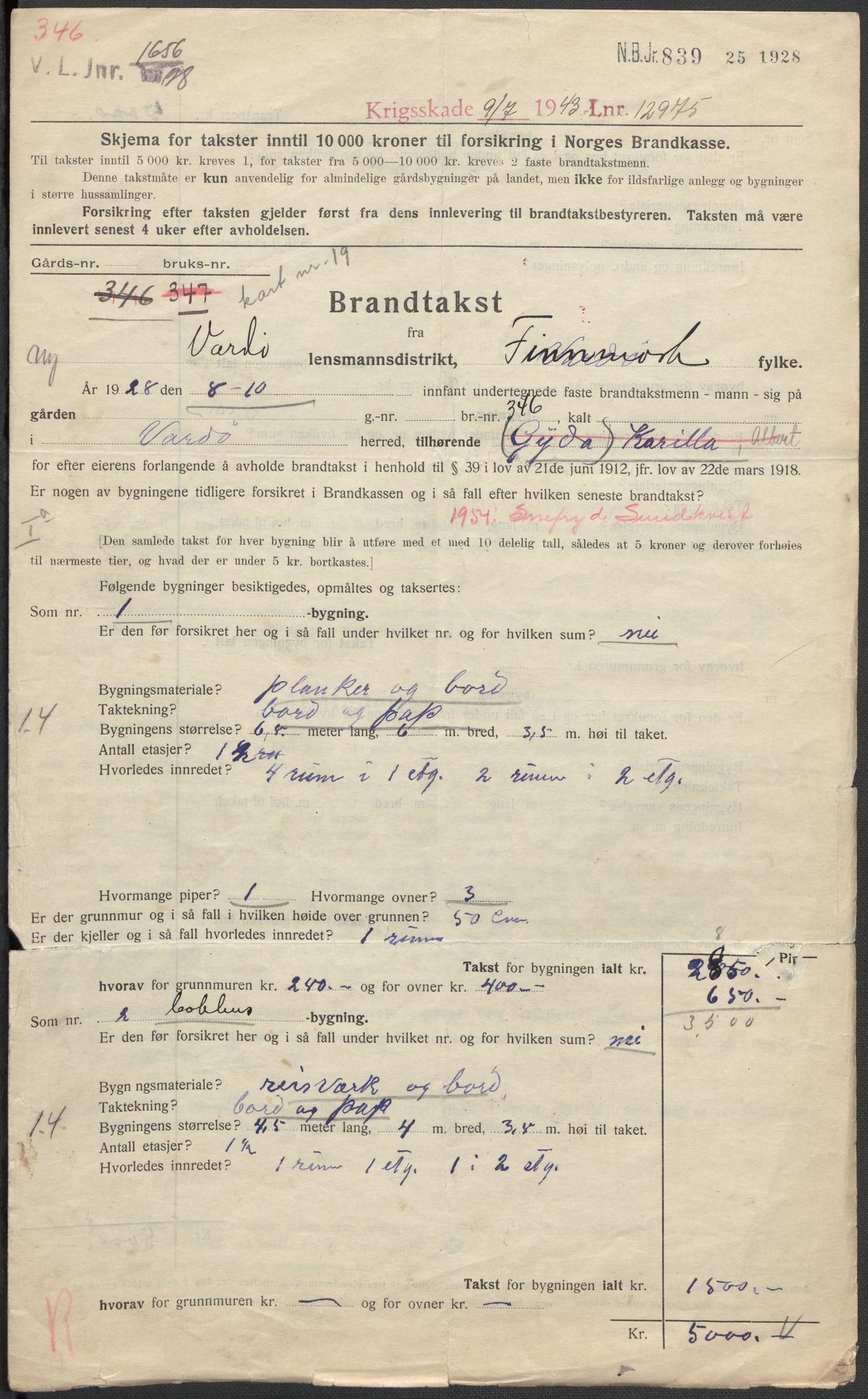 Norges Brannkasse, AV/RA-S-1549/E/Eu/L0018: Branntakster for Vardø by, 1884-1955, p. 277