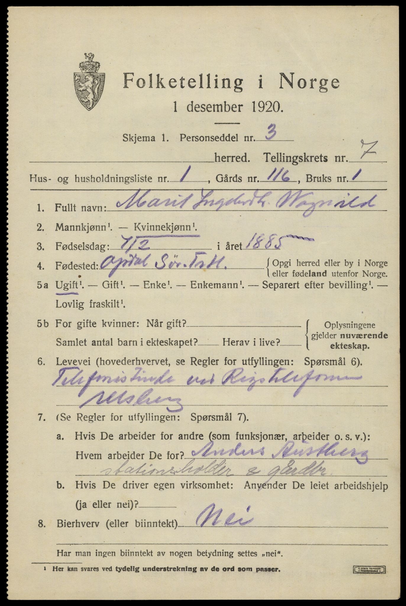 SAH, 1920 census for Kvikne, 1920, p. 2808