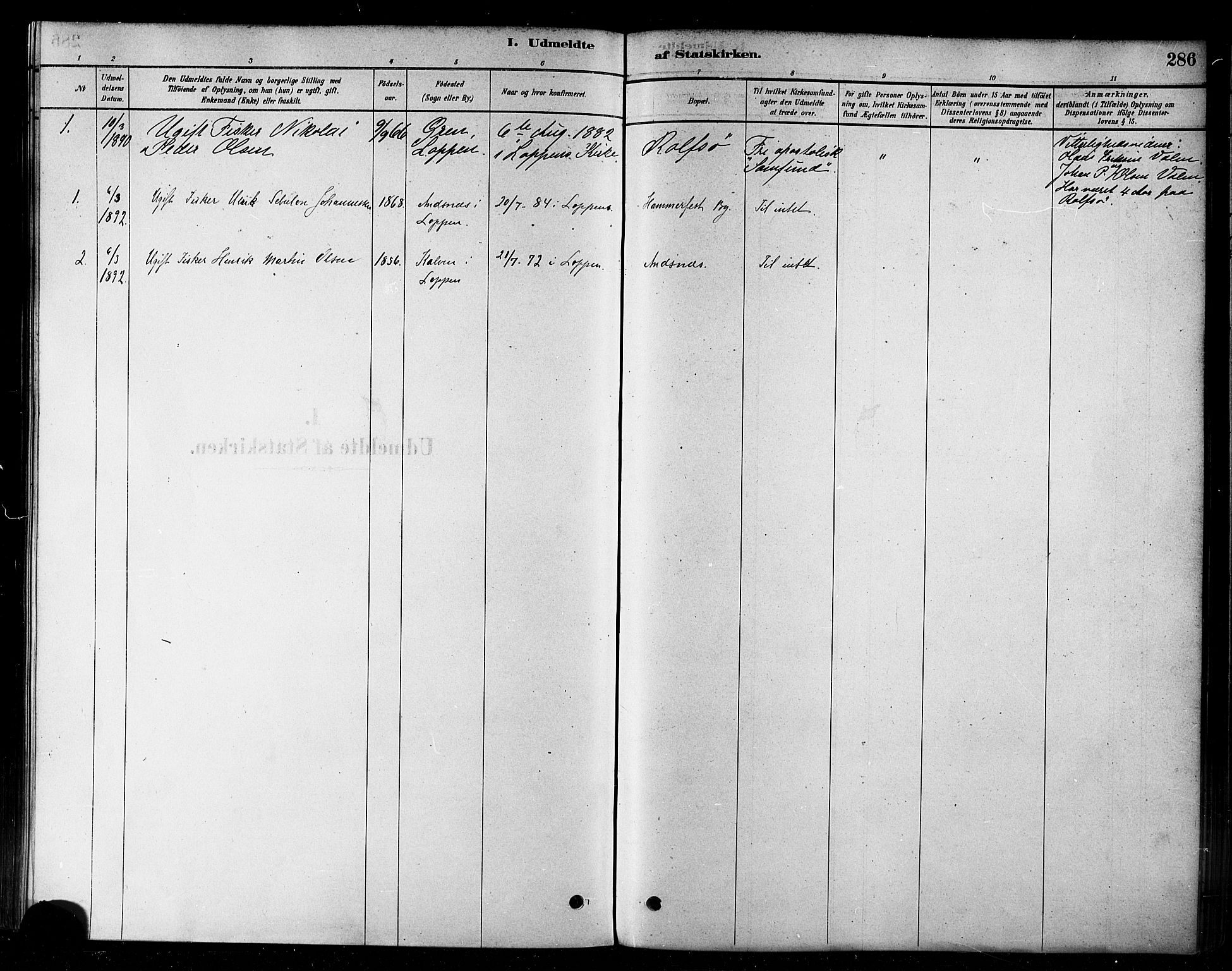 Loppa sokneprestkontor, SATØ/S-1339/H/Ha/L0006kirke: Parish register (official) no. 6, 1879-1895, p. 286