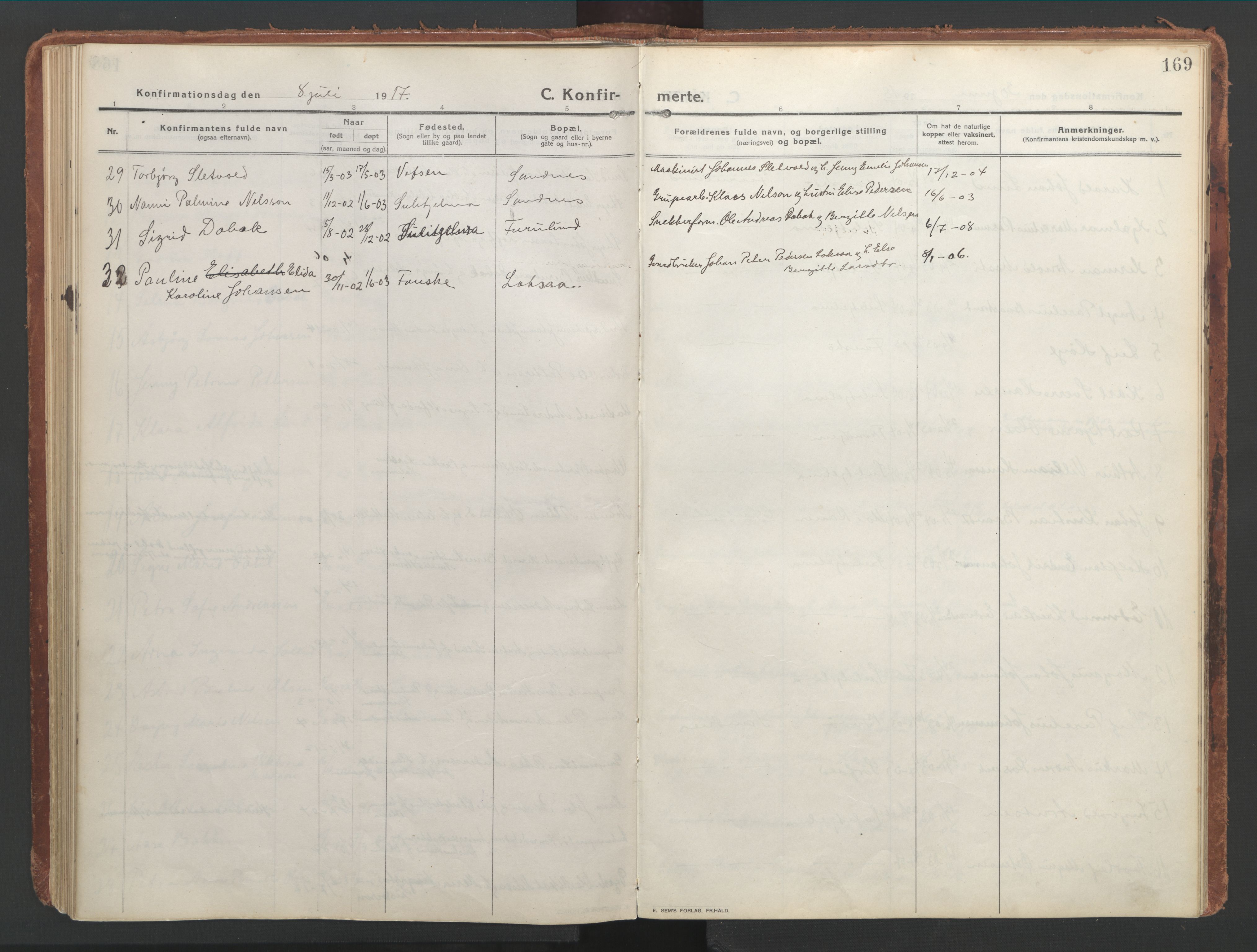 Ministerialprotokoller, klokkerbøker og fødselsregistre - Nordland, AV/SAT-A-1459/850/L0715: Curate's parish register no. 850B05, 1913-1924, p. 169