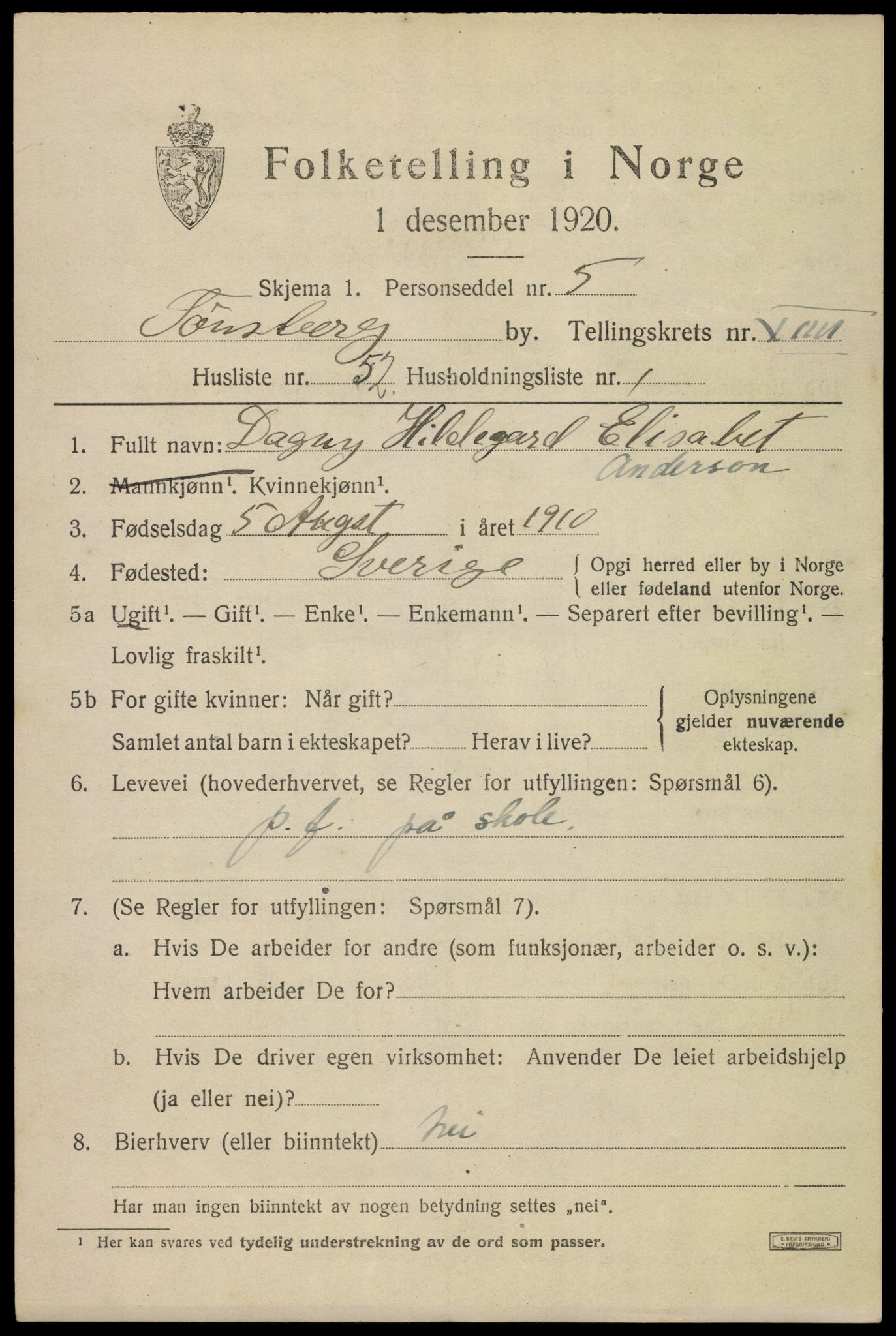 SAKO, 1920 census for Tønsberg, 1920, p. 18189