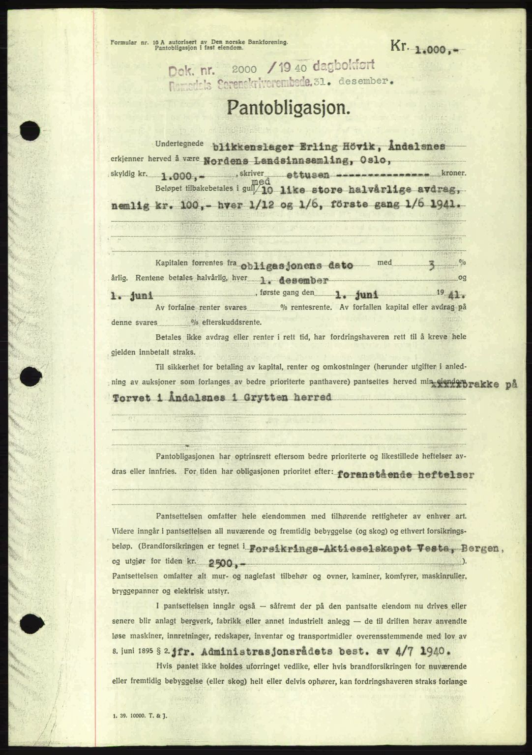 Romsdal sorenskriveri, AV/SAT-A-4149/1/2/2C: Mortgage book no. B2, 1939-1945, Diary no: : 2000/1940