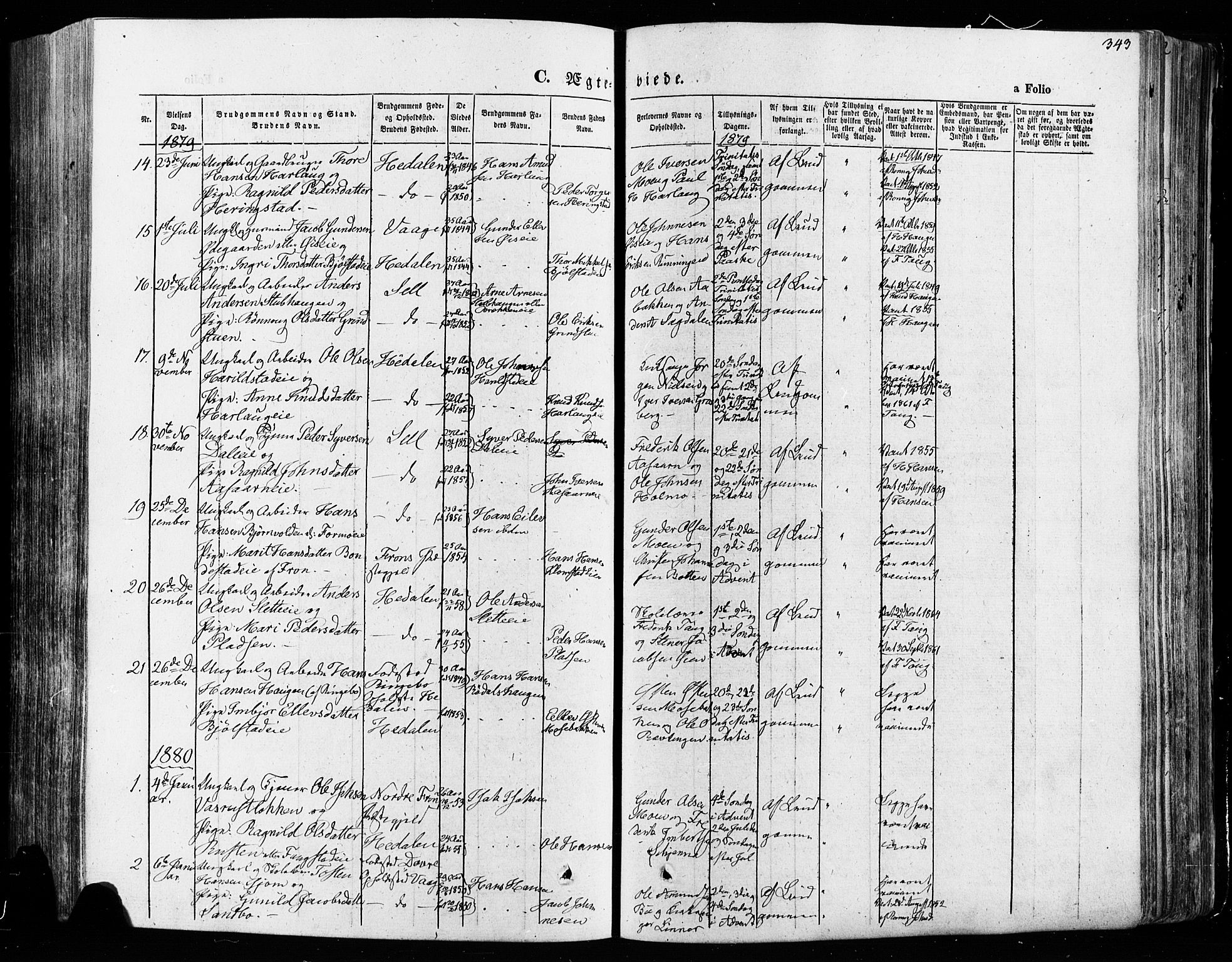 Vågå prestekontor, SAH/PREST-076/H/Ha/Haa/L0007: Parish register (official) no. 7 /1, 1872-1886, p. 343