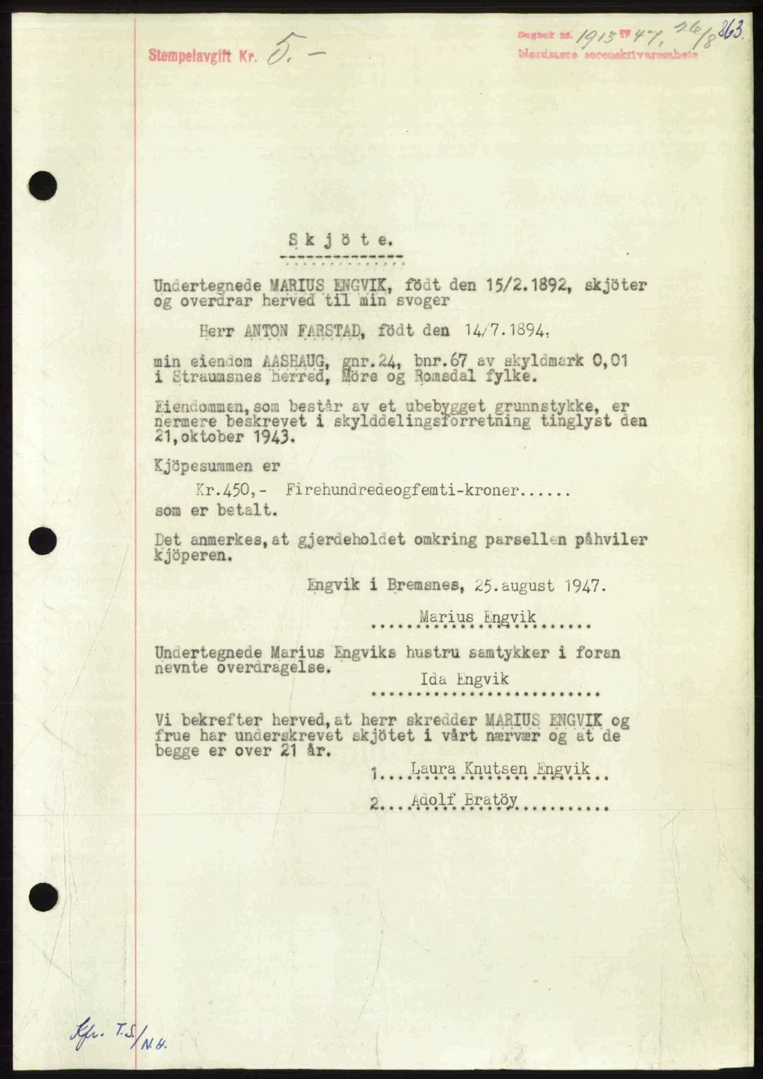 Nordmøre sorenskriveri, AV/SAT-A-4132/1/2/2Ca: Mortgage book no. A105, 1947-1947, Diary no: : 1913/1947