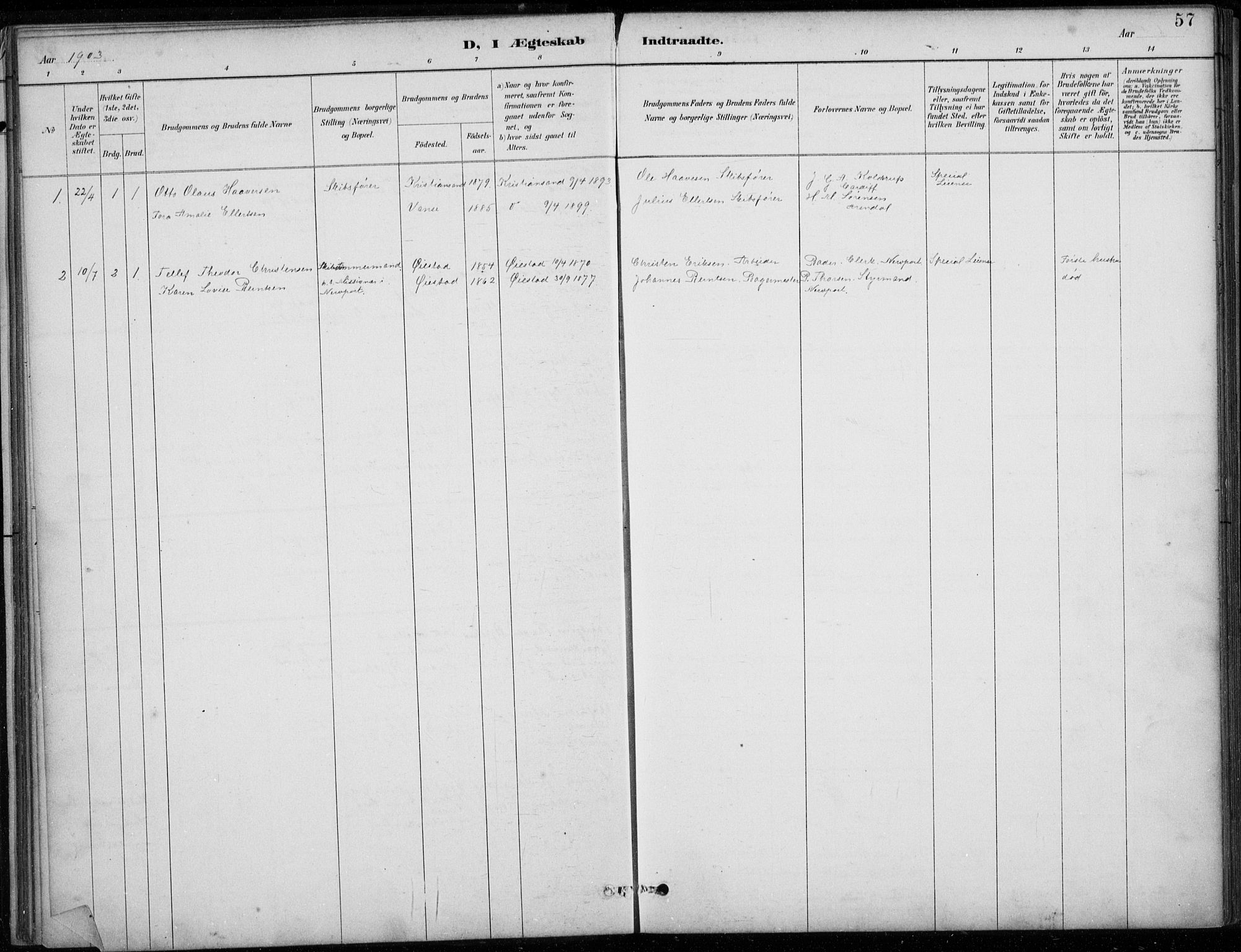 Den norske sjømannsmisjon i utlandet/Bristolhavnene(Cardiff-Swansea), SAB/SAB/PA-0102/H/Ha/Haa/L0002: Parish register (official) no. A 2, 1887-1932, p. 57