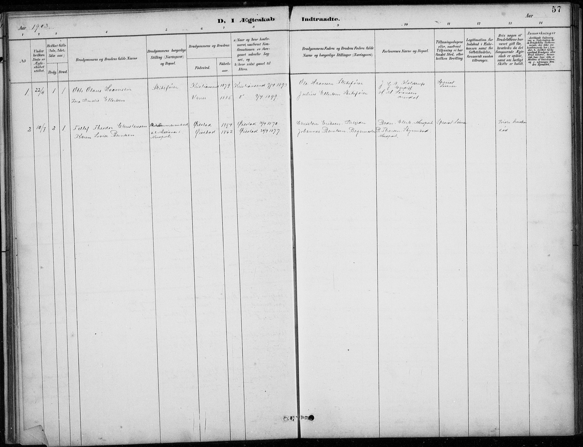 Den norske sjømannsmisjon i utlandet/Bristolhavnene (Cardiff-Swansea), AV/SAB-SAB/PA-0102/H/Ha/Haa/L0002: Parish register (official) no. A 2, 1887-1932, p. 57