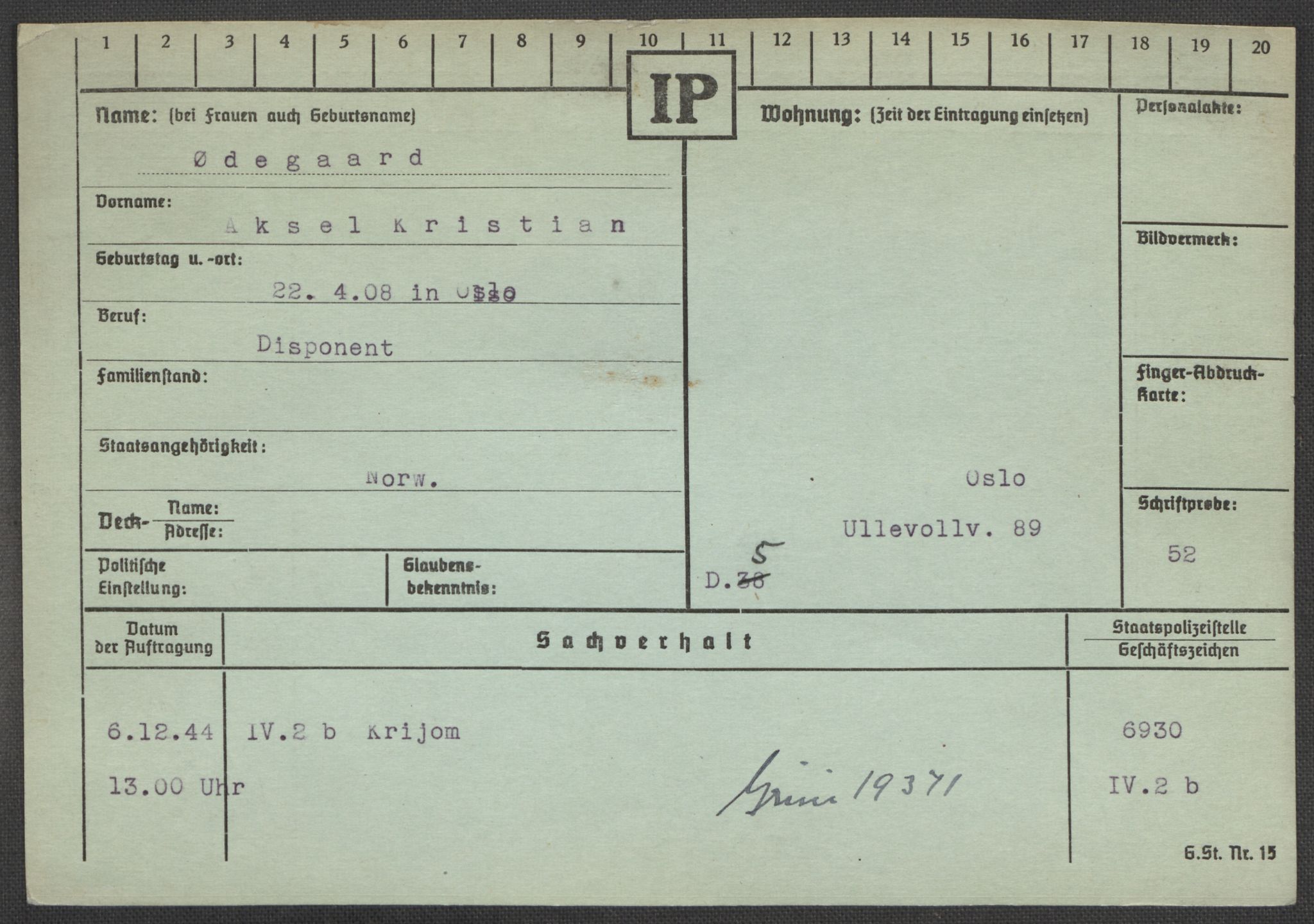 Befehlshaber der Sicherheitspolizei und des SD, RA/RAFA-5969/E/Ea/Eaa/L0010: Register over norske fanger i Møllergata 19: Sø-Å, 1940-1945, p. 1208
