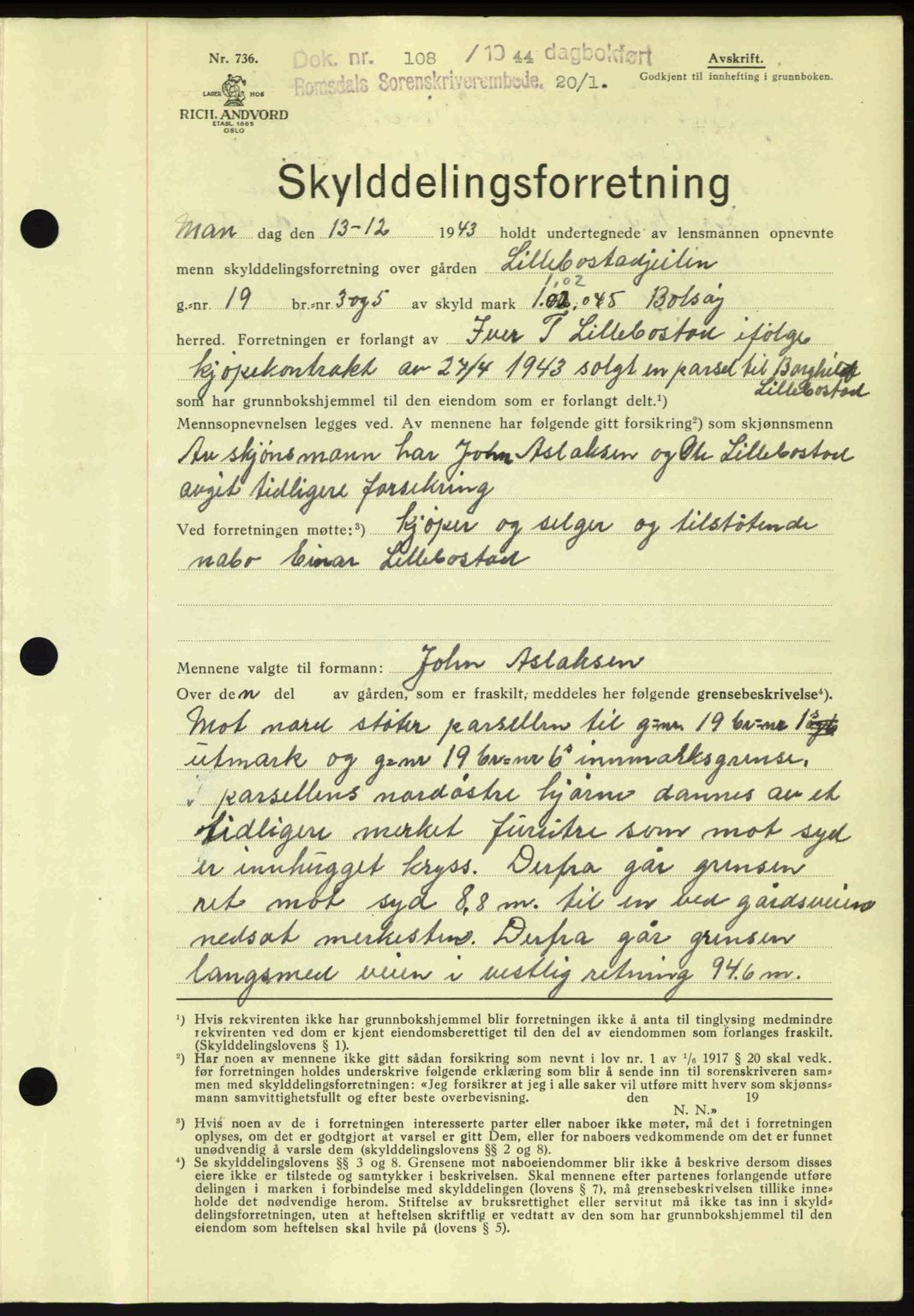 Romsdal sorenskriveri, AV/SAT-A-4149/1/2/2C: Mortgage book no. A15, 1943-1944, Diary no: : 108/1944