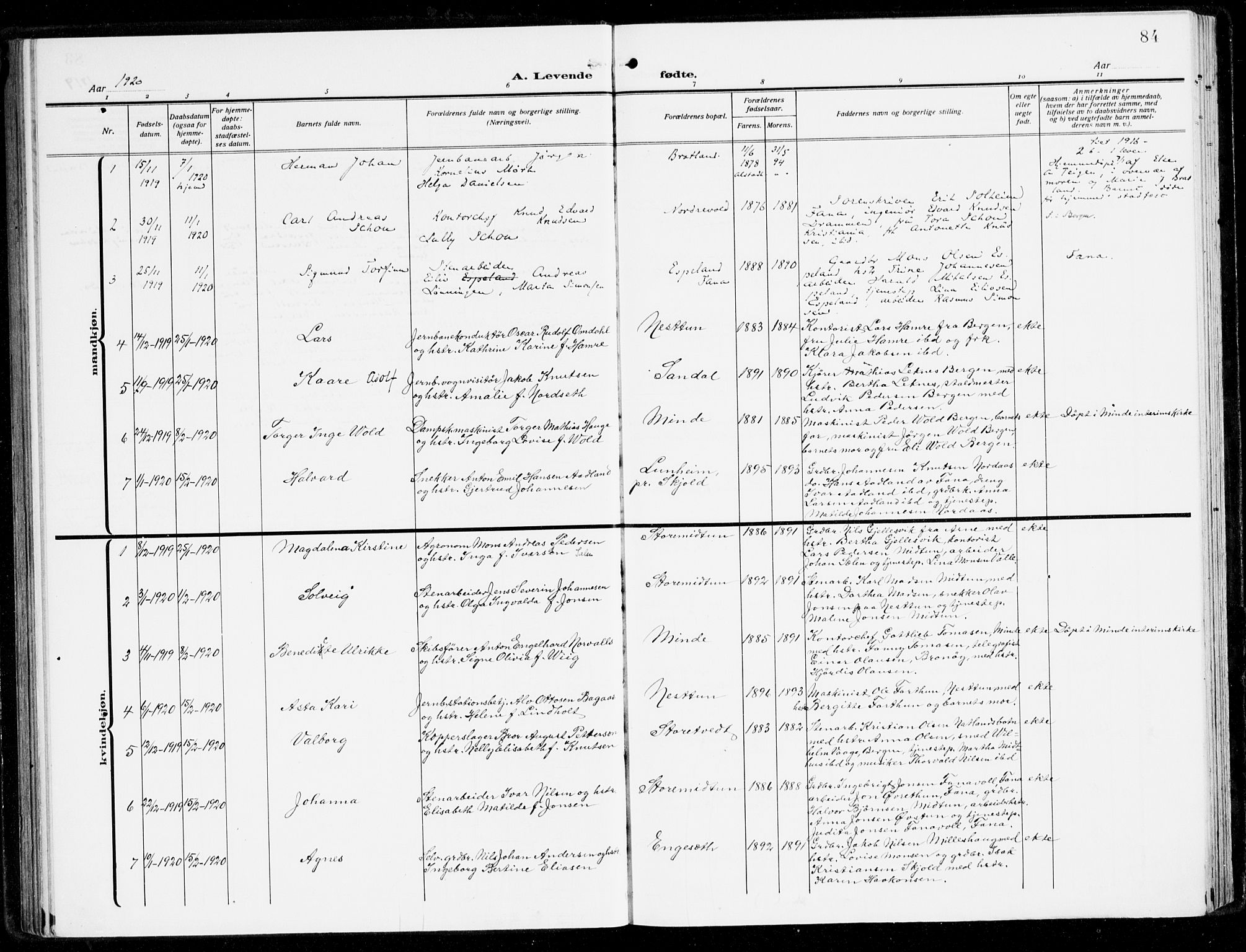 Fana Sokneprestembete, AV/SAB-A-75101/H/Haa/Haai/L0004: Parish register (official) no. I 4, 1912-1933, p. 84