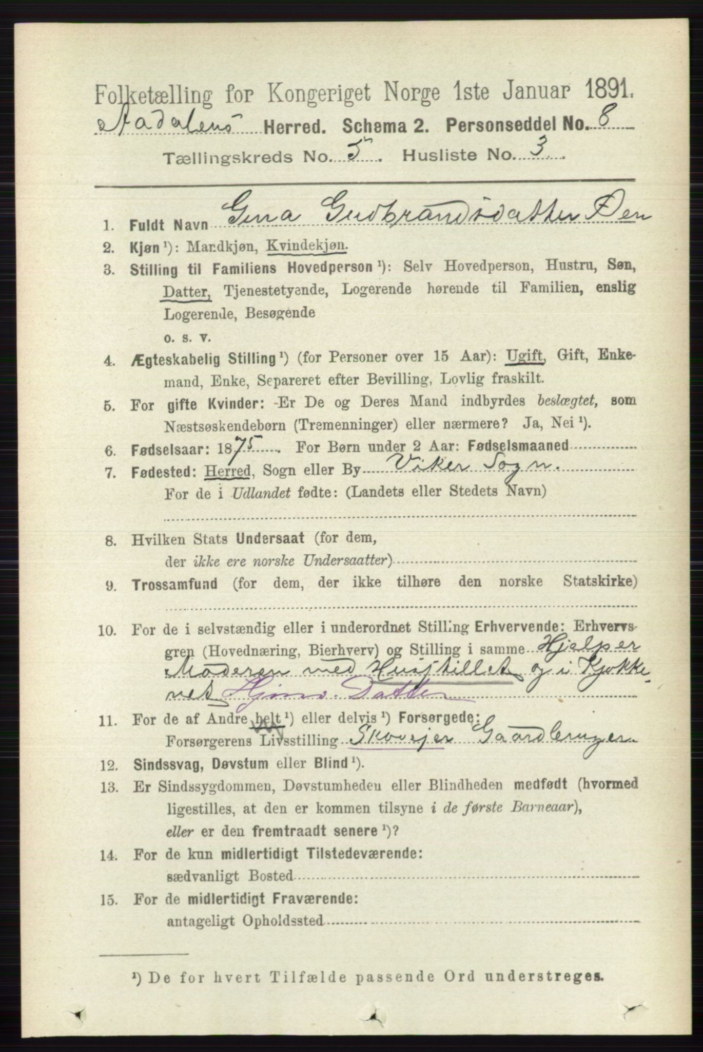 RA, 1891 census for 0614 Ådal, 1891, p. 2032