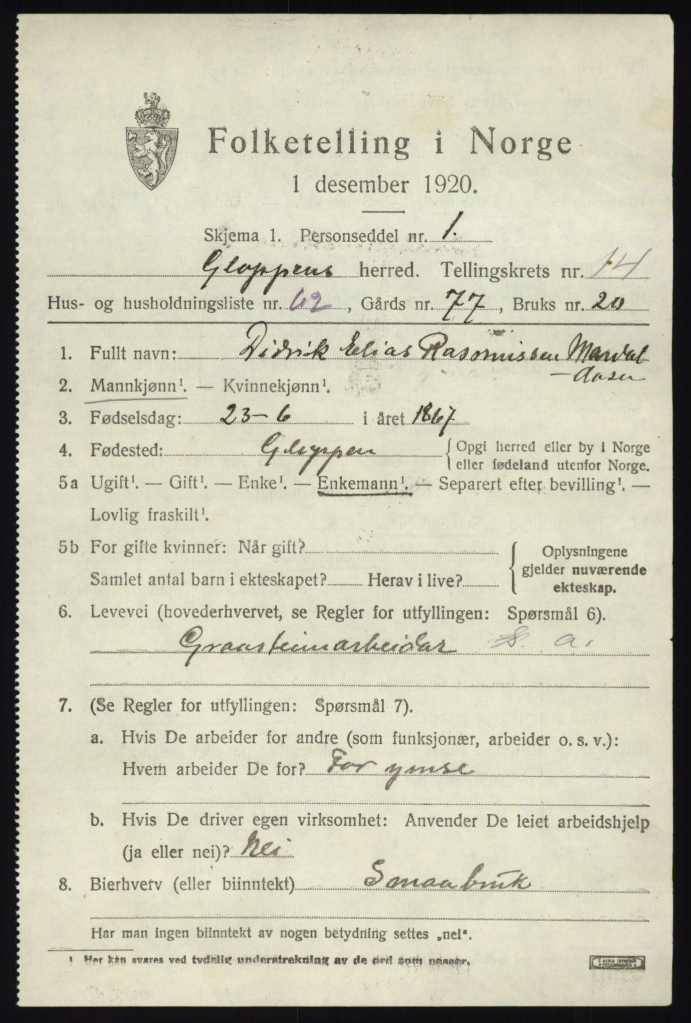 SAB, 1920 census for Gloppen, 1920, p. 7656