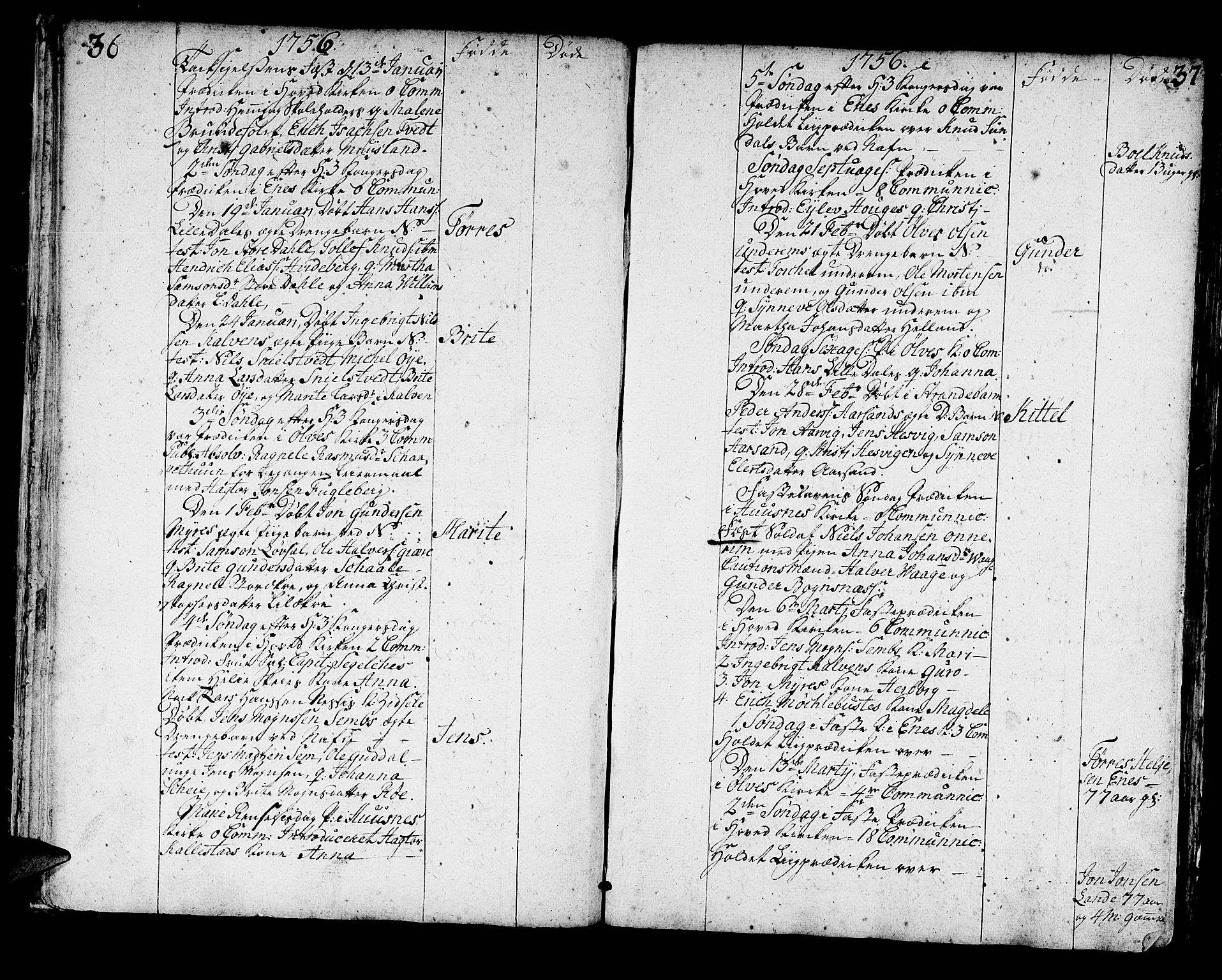 Kvinnherad sokneprestembete, SAB/A-76401/H/Haa: Parish register (official) no. A 3, 1754-1777, p. 36-37