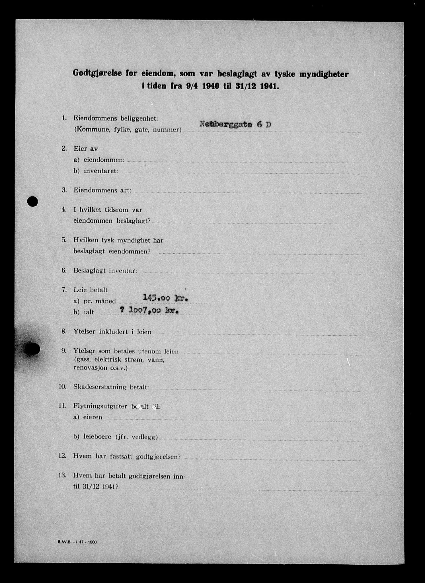 Justisdepartementet, Tilbakeføringskontoret for inndratte formuer, AV/RA-S-1564/I/L1011: Godtgjørelse for beslaglagt eiendom, 1940-1941, p. 806