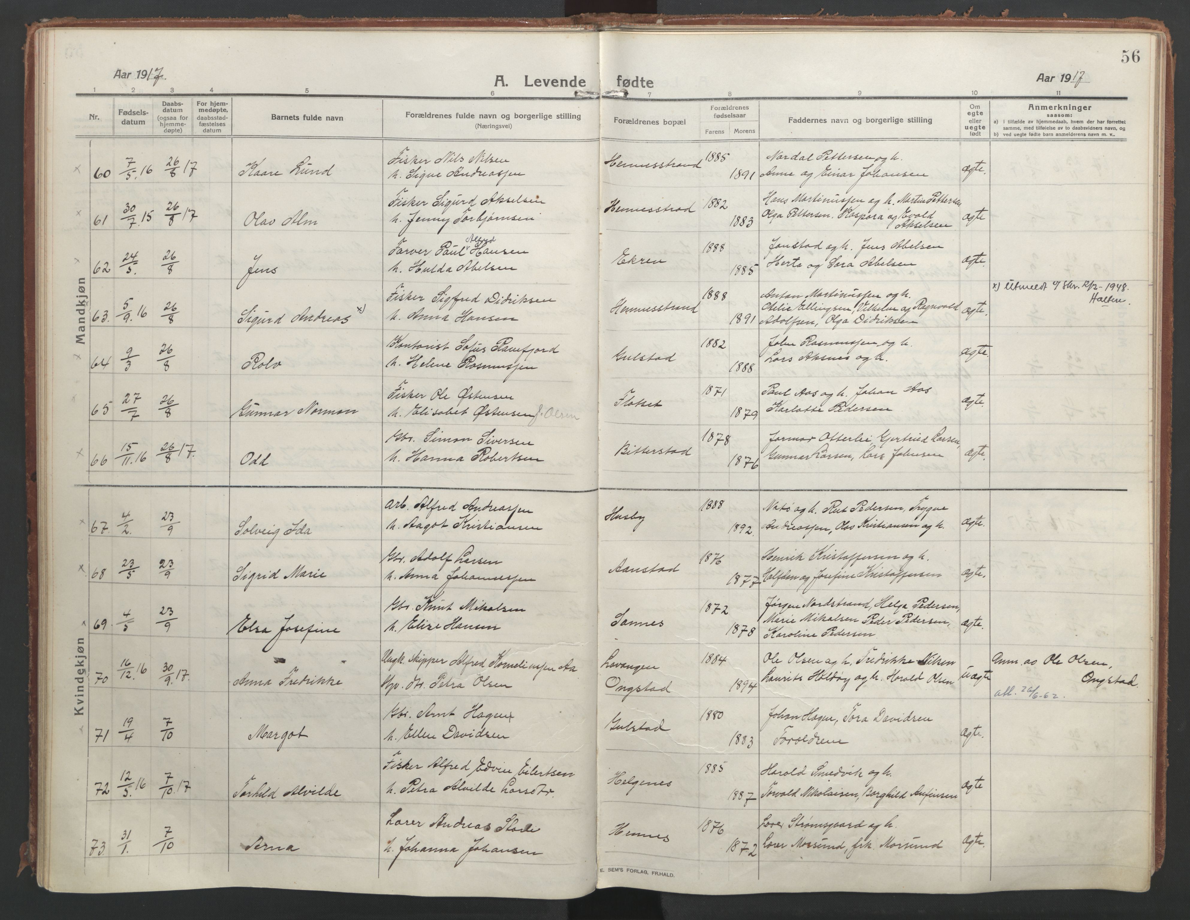 Ministerialprotokoller, klokkerbøker og fødselsregistre - Nordland, AV/SAT-A-1459/888/L1250: Parish register (official) no. 888A16, 1913-1925, p. 56