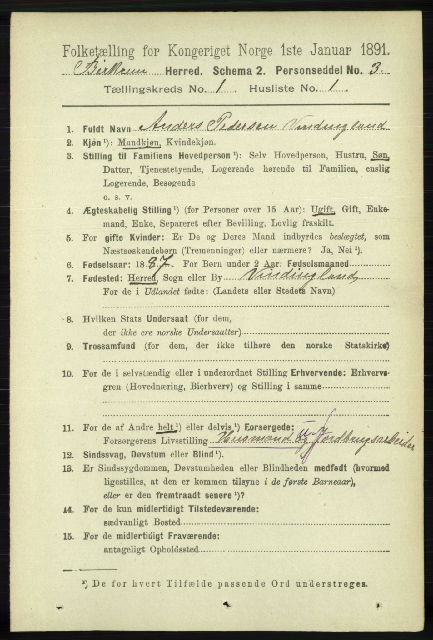 RA, 1891 census for 1114 Bjerkreim, 1891, p. 97