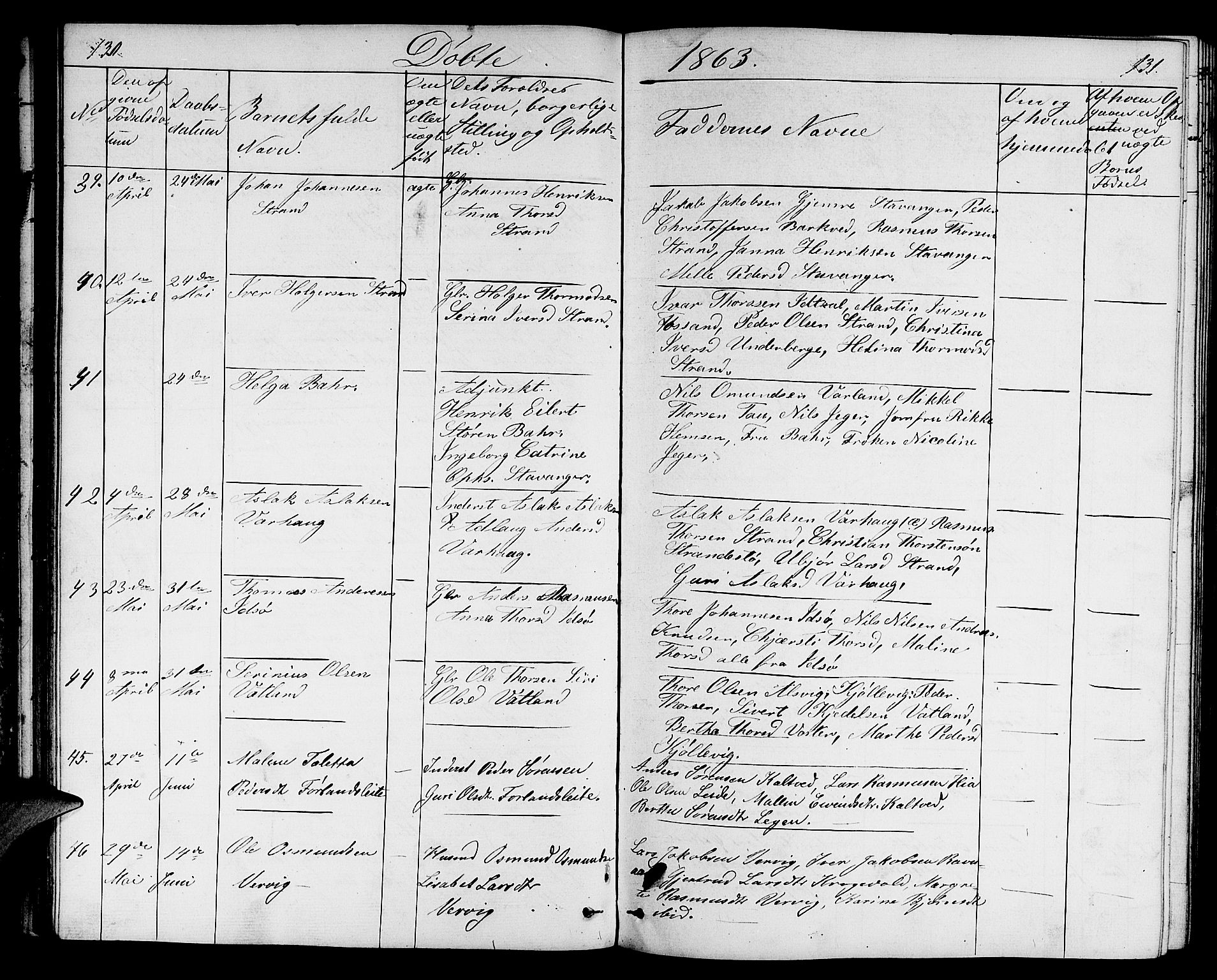 Strand sokneprestkontor, AV/SAST-A-101828/H/Ha/Hab/L0003: Parish register (copy) no. B 3, 1855-1881, p. 130-131