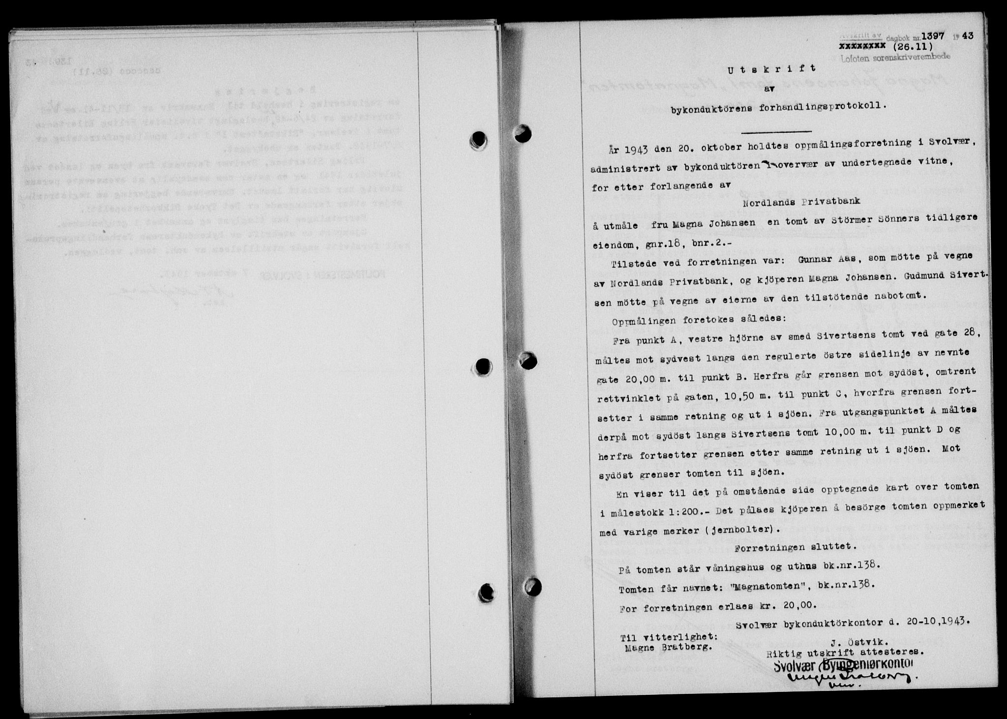 Lofoten sorenskriveri, SAT/A-0017/1/2/2C/L0011a: Mortgage book no. 11a, 1943-1943, Diary no: : 1397/1943