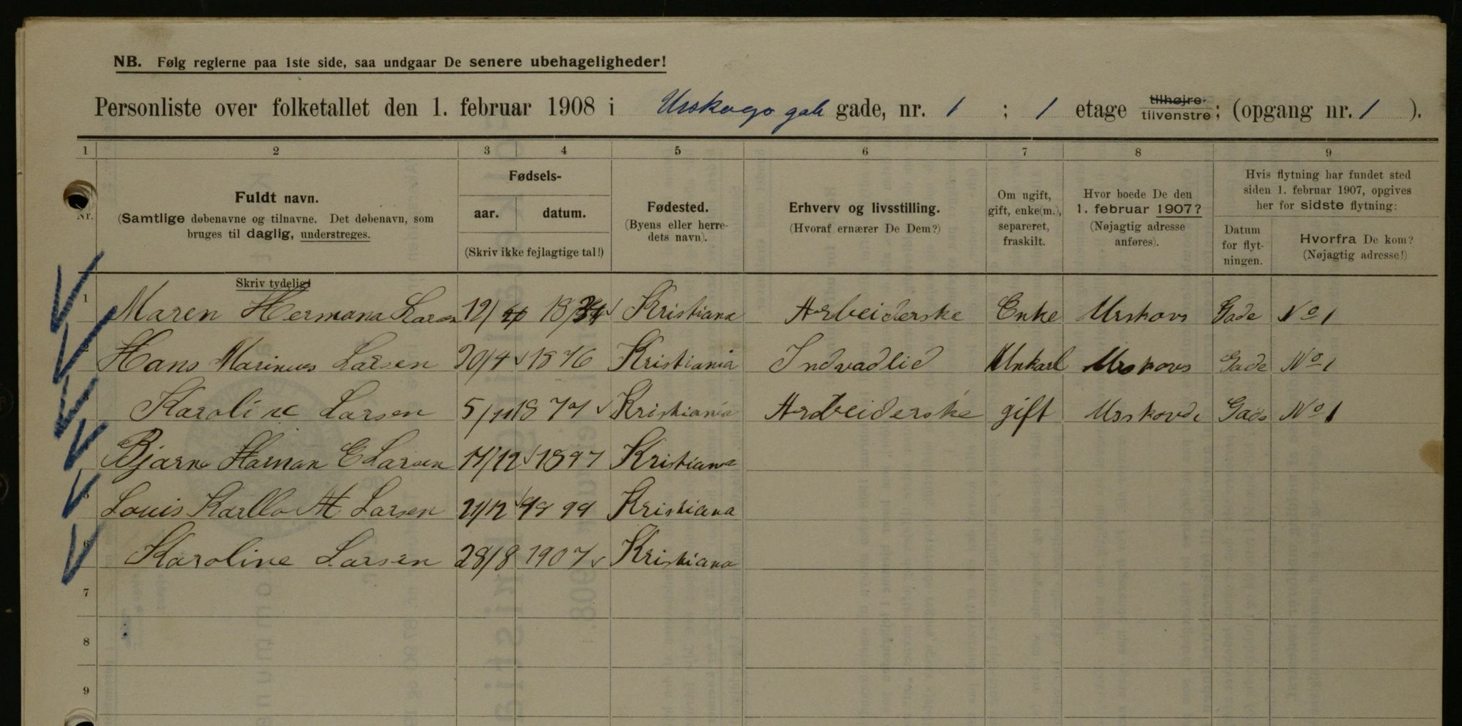 OBA, Municipal Census 1908 for Kristiania, 1908, p. 2630