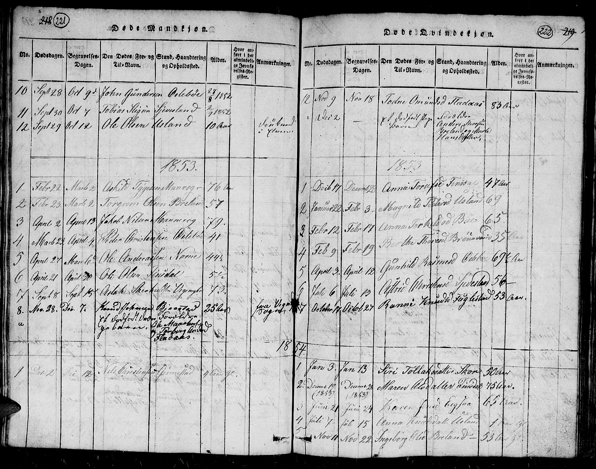 Holum sokneprestkontor, AV/SAK-1111-0022/F/Fb/Fbc/L0001: Parish register (copy) no. B 1, 1820-1859, p. 221-222