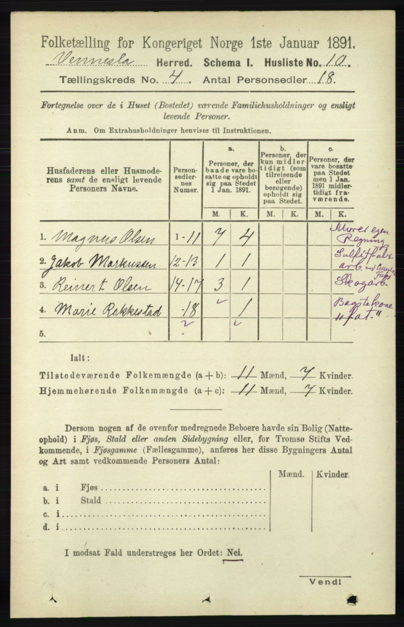 RA, 1891 census for 1014 Vennesla, 1891, p. 844