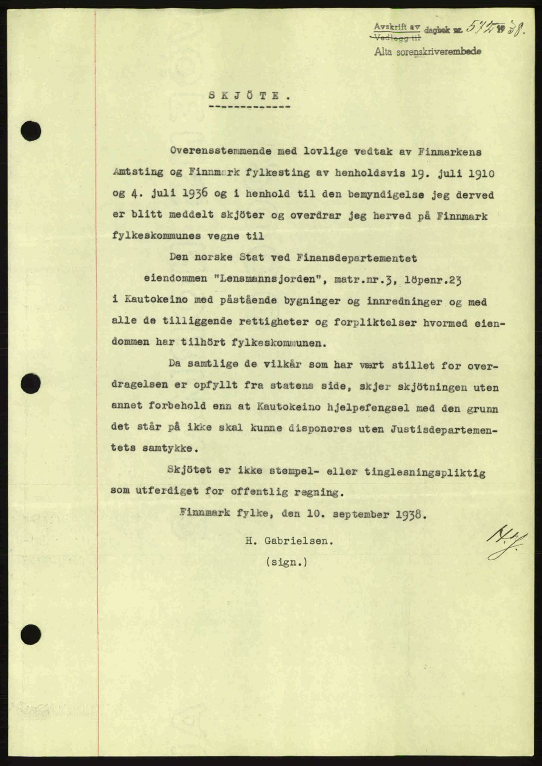 Alta fogderi/sorenskriveri, SATØ/SATØ-5/1/K/Kd/L0031pantebok: Mortgage book no. 31, 1938-1939, Diary no: : 572/1938