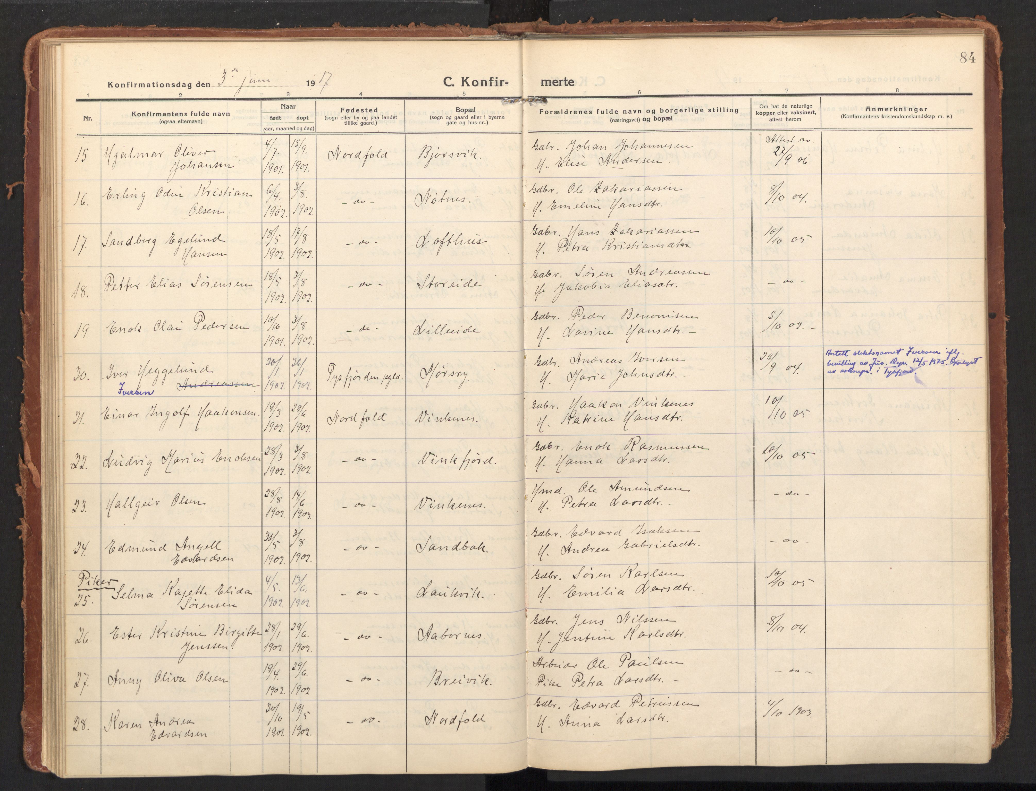 Ministerialprotokoller, klokkerbøker og fødselsregistre - Nordland, AV/SAT-A-1459/858/L0833: Parish register (official) no. 858A03, 1916-1934, p. 84