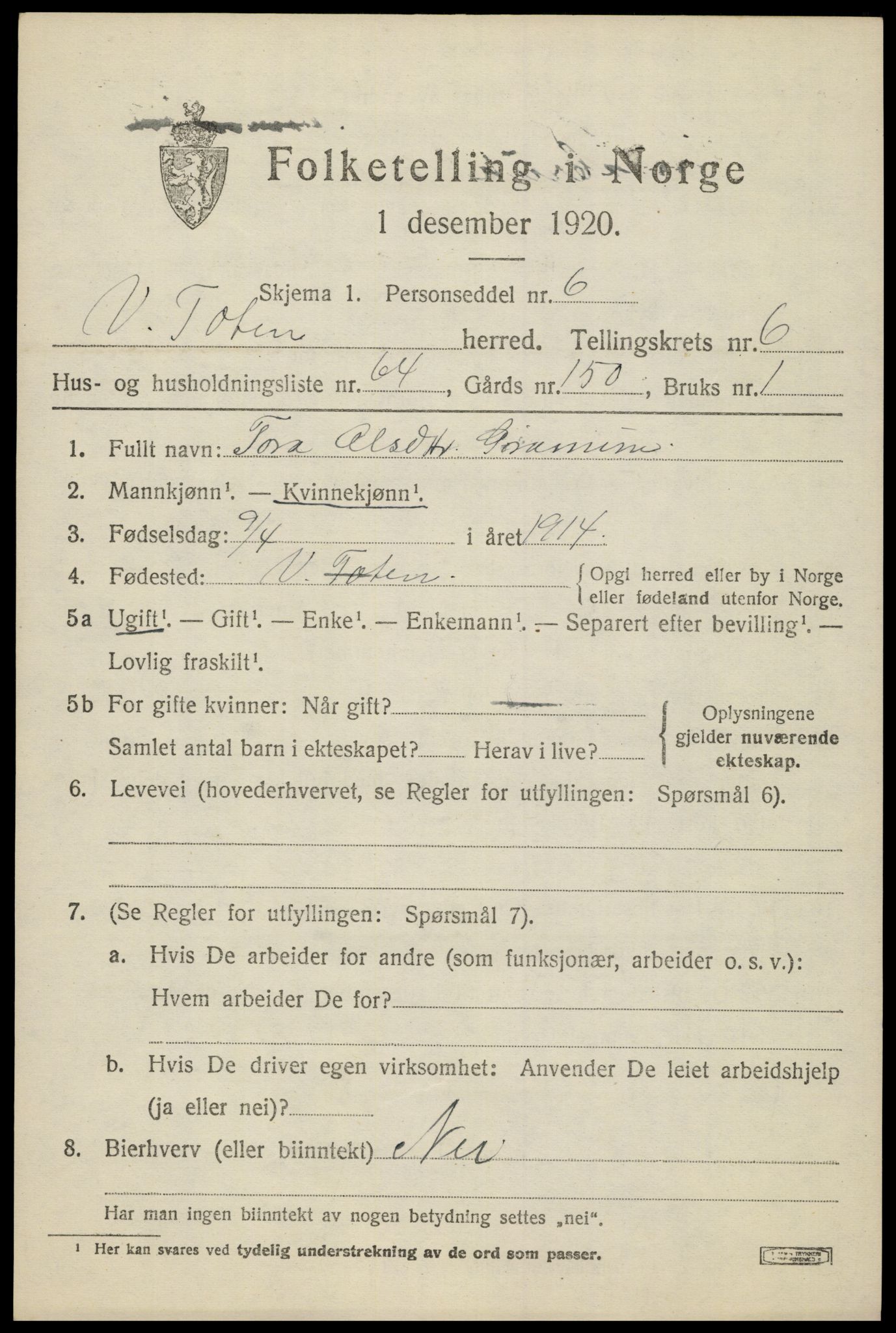 SAH, 1920 census for Vestre Toten, 1920, p. 8860