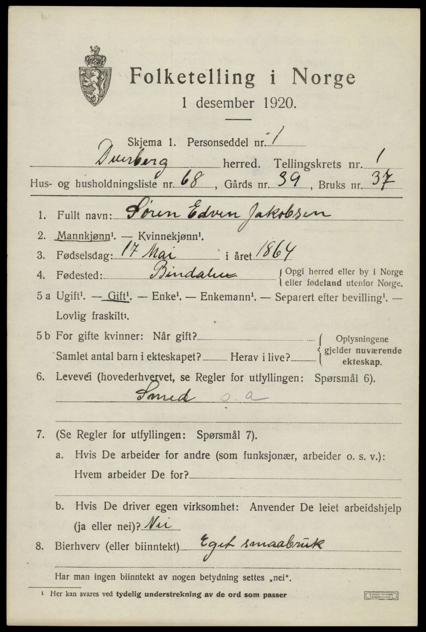 SAT, 1920 census for Dverberg, 1920, p. 2682