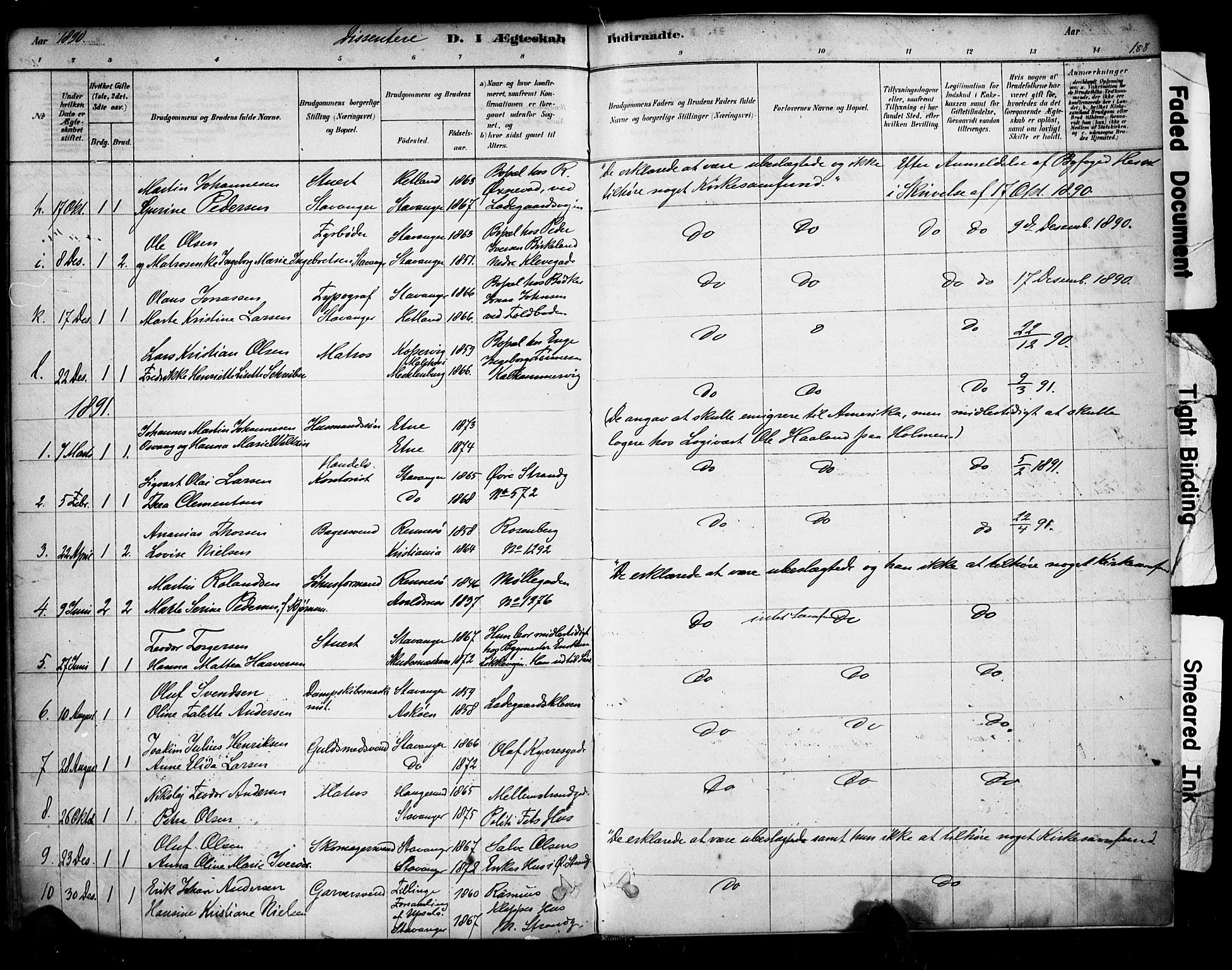 Domkirken sokneprestkontor, SAST/A-101812/001/30/30BA/L0029: Parish register (official) no. A 28, 1878-1904, p. 188
