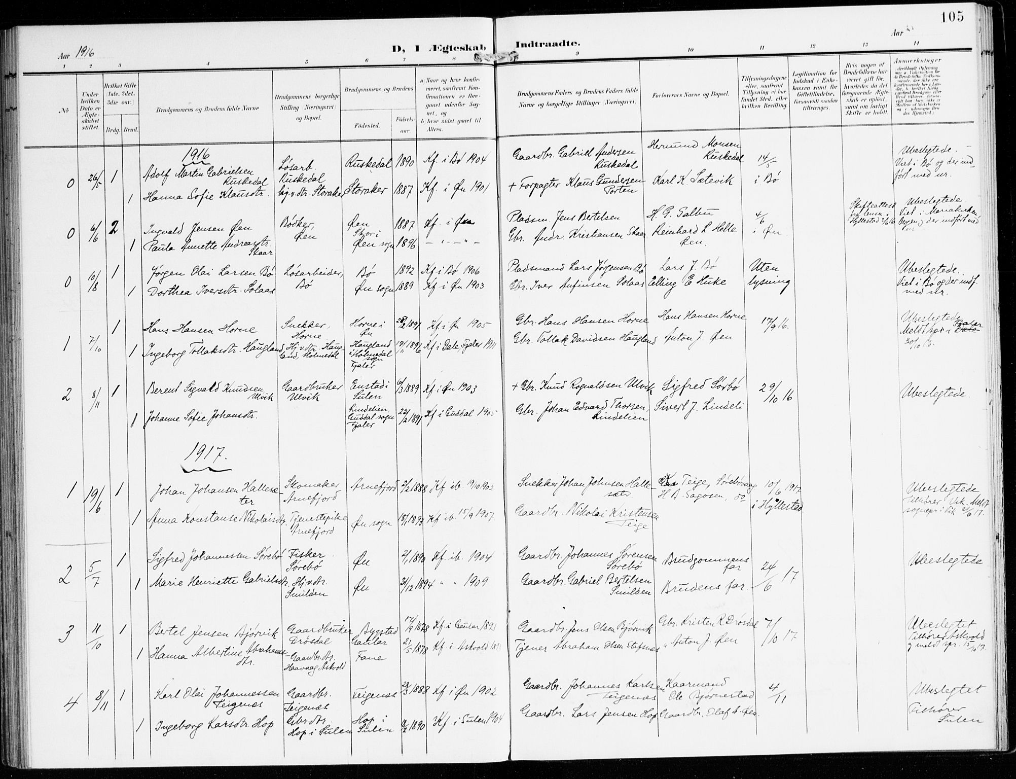Hyllestad sokneprestembete, SAB/A-80401: Parish register (official) no. D 2, 1905-1919, p. 105