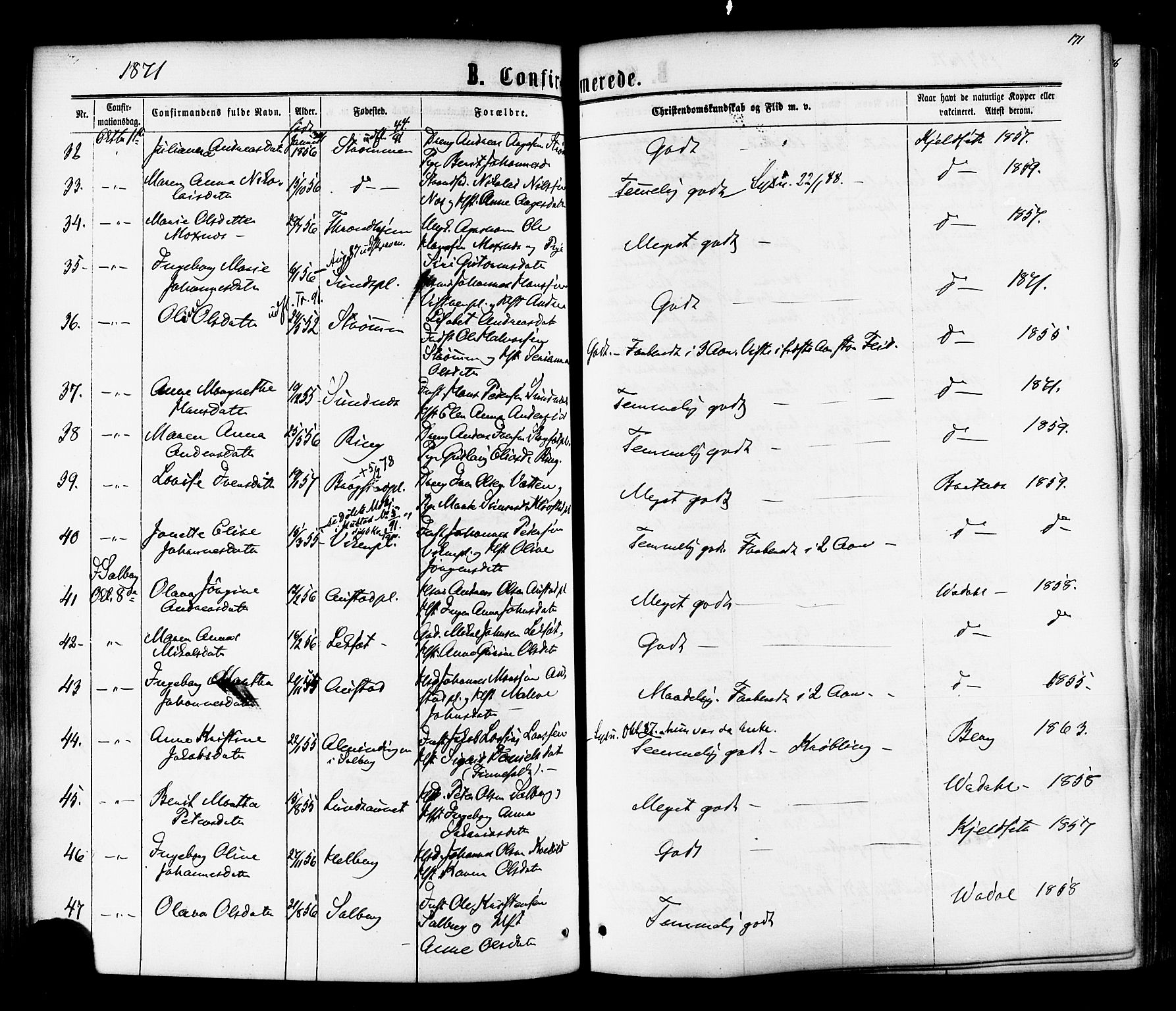 Ministerialprotokoller, klokkerbøker og fødselsregistre - Nord-Trøndelag, AV/SAT-A-1458/730/L0284: Parish register (official) no. 730A09, 1866-1878, p. 171