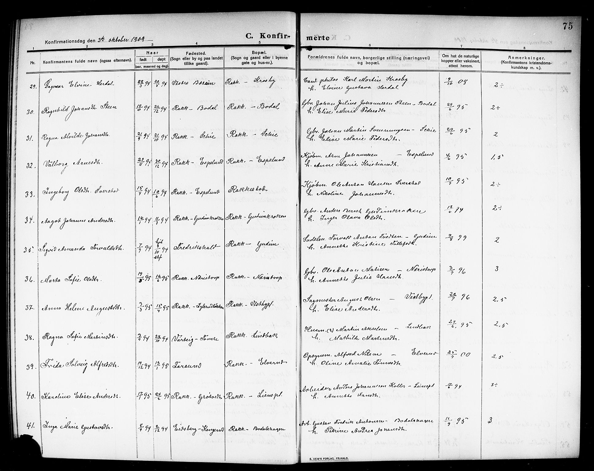 Rakkestad prestekontor Kirkebøker, AV/SAO-A-2008/G/Ga/L0001: Parish register (copy) no. I 1, 1909-1920, p. 75