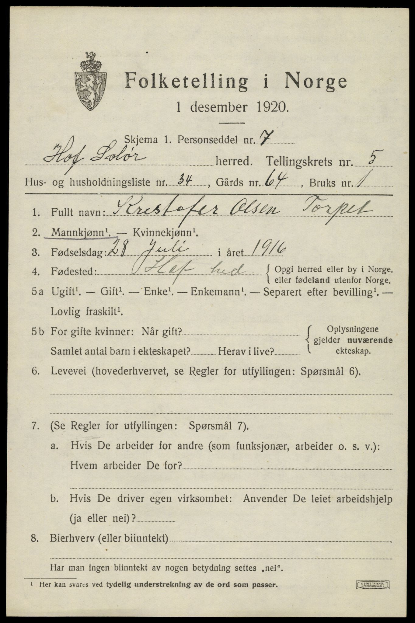 SAH, 1920 census for Hof, 1920, p. 7573