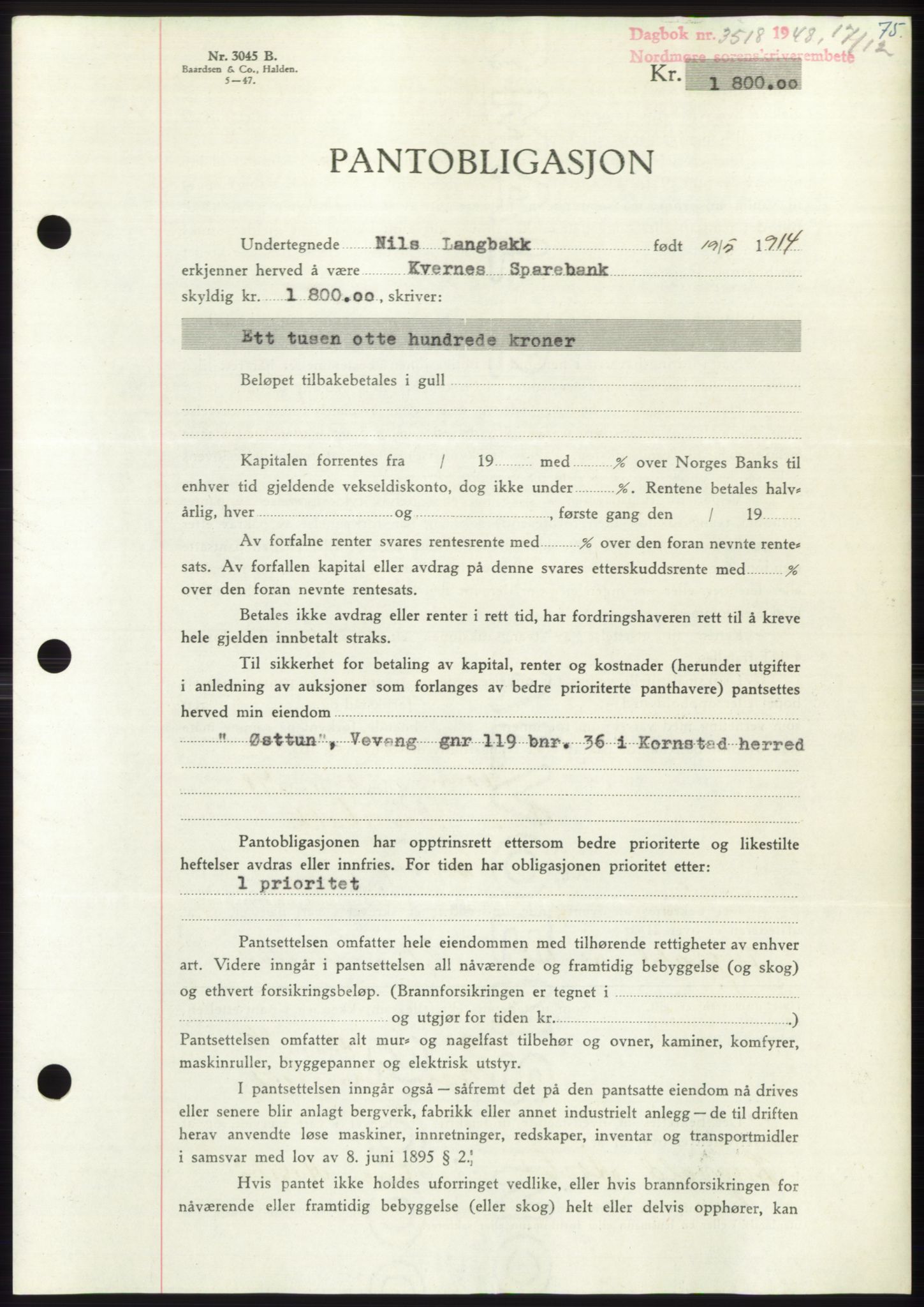 Nordmøre sorenskriveri, AV/SAT-A-4132/1/2/2Ca: Mortgage book no. B100, 1948-1949, Diary no: : 3518/1948