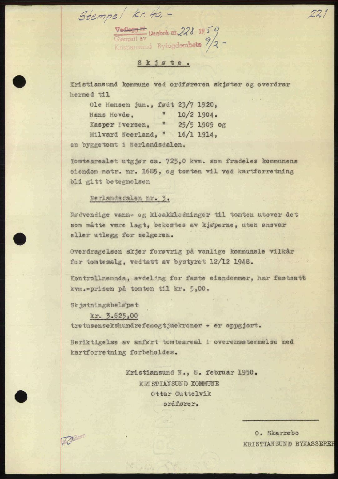 Kristiansund byfogd, AV/SAT-A-4587/A/27: Mortgage book no. 46, 1949-1950, Diary no: : 228/1950