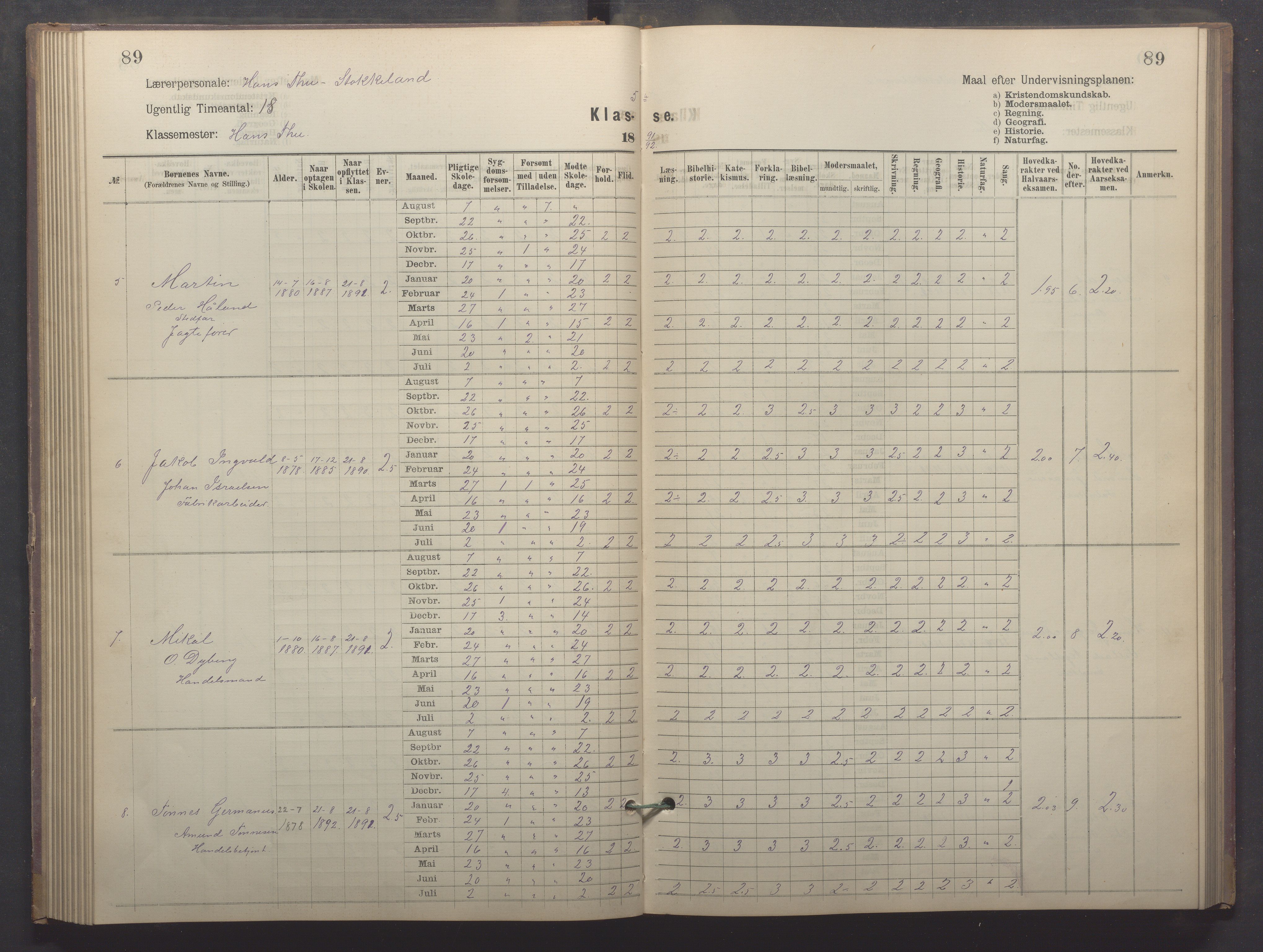 Egersund kommune (Ladested) - Egersund almueskole/folkeskole, IKAR/K-100521/H/L0022: Skoleprotokoll - Almueskolen, 5. klasse, 1886-1892, p. 89