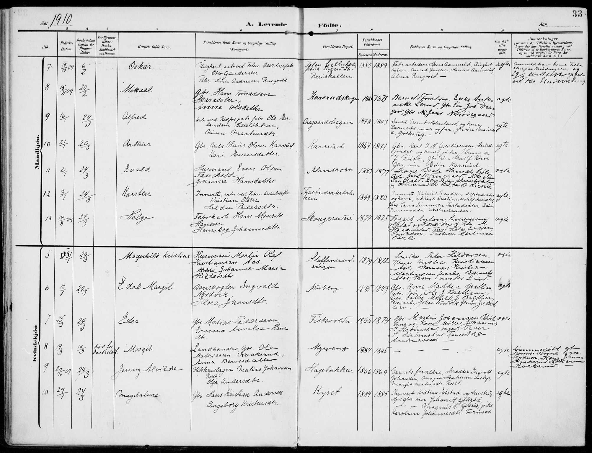 Vestre Toten prestekontor, AV/SAH-PREST-108/H/Ha/Haa/L0014: Parish register (official) no. 14, 1907-1920, p. 33