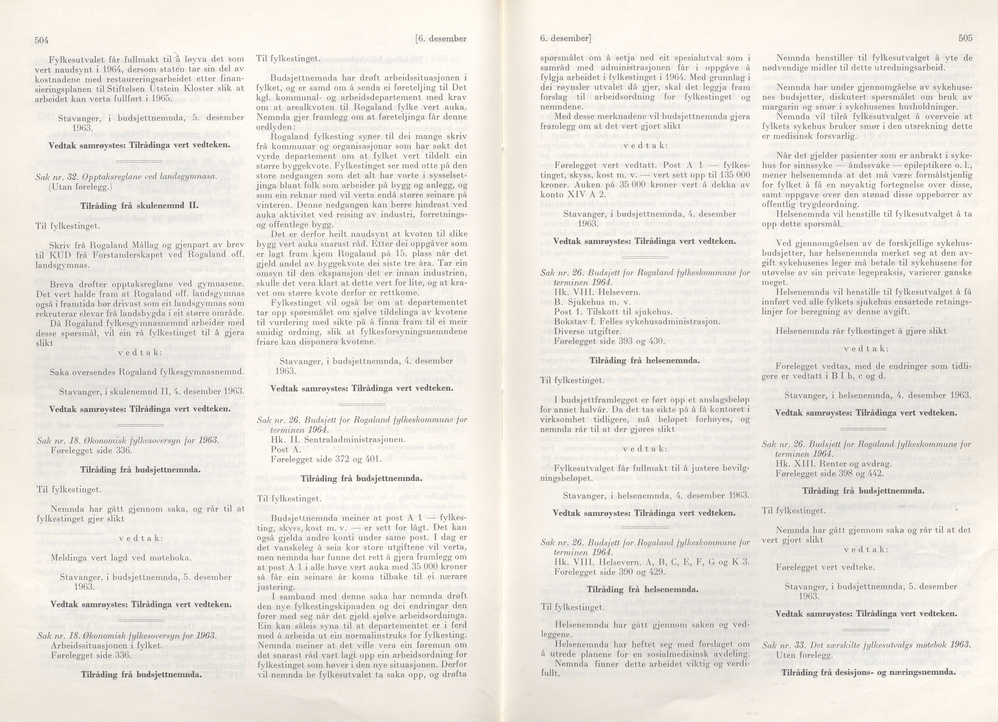 Rogaland fylkeskommune - Fylkesrådmannen , IKAR/A-900/A/Aa/Aaa/L0083: Møtebok , 1963, p. 504-505