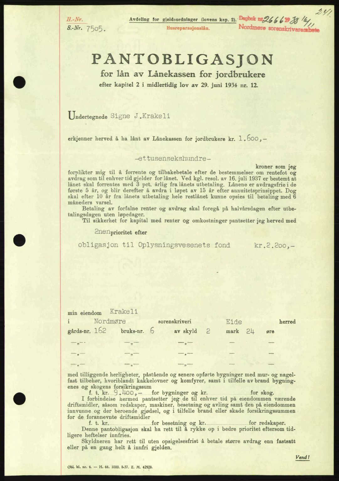 Nordmøre sorenskriveri, SAT/A-4132/1/2/2Ca: Mortgage book no. B84, 1938-1939, Diary no: : 2666/1938