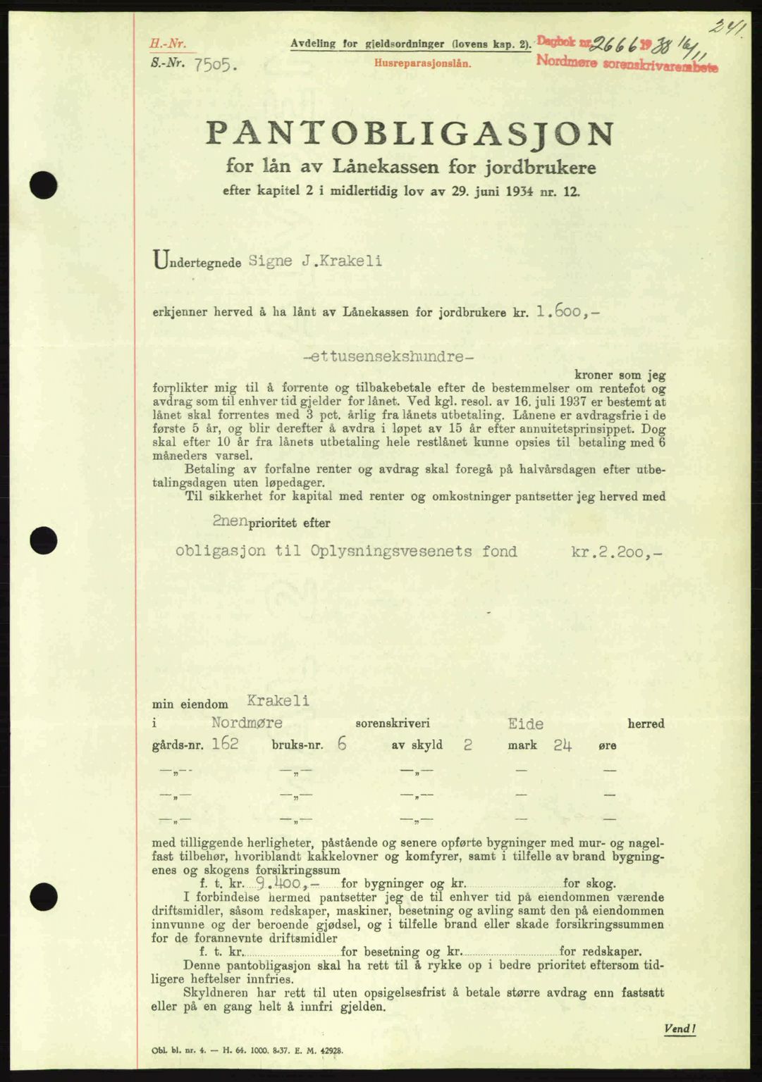 Nordmøre sorenskriveri, AV/SAT-A-4132/1/2/2Ca: Mortgage book no. B84, 1938-1939, Diary no: : 2666/1938