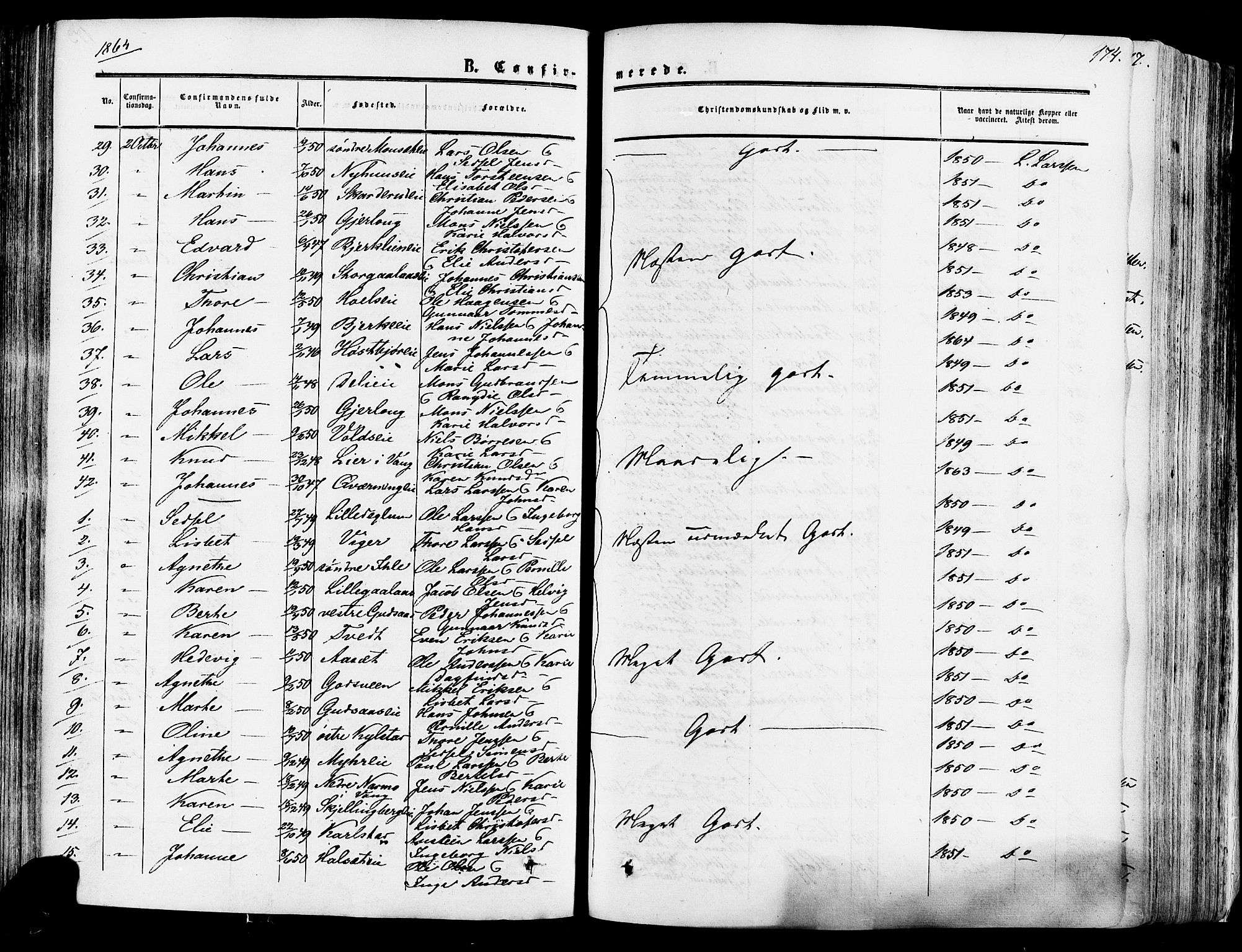 Vang prestekontor, Hedmark, SAH/PREST-008/H/Ha/Haa/L0013: Parish register (official) no. 13, 1855-1879, p. 174