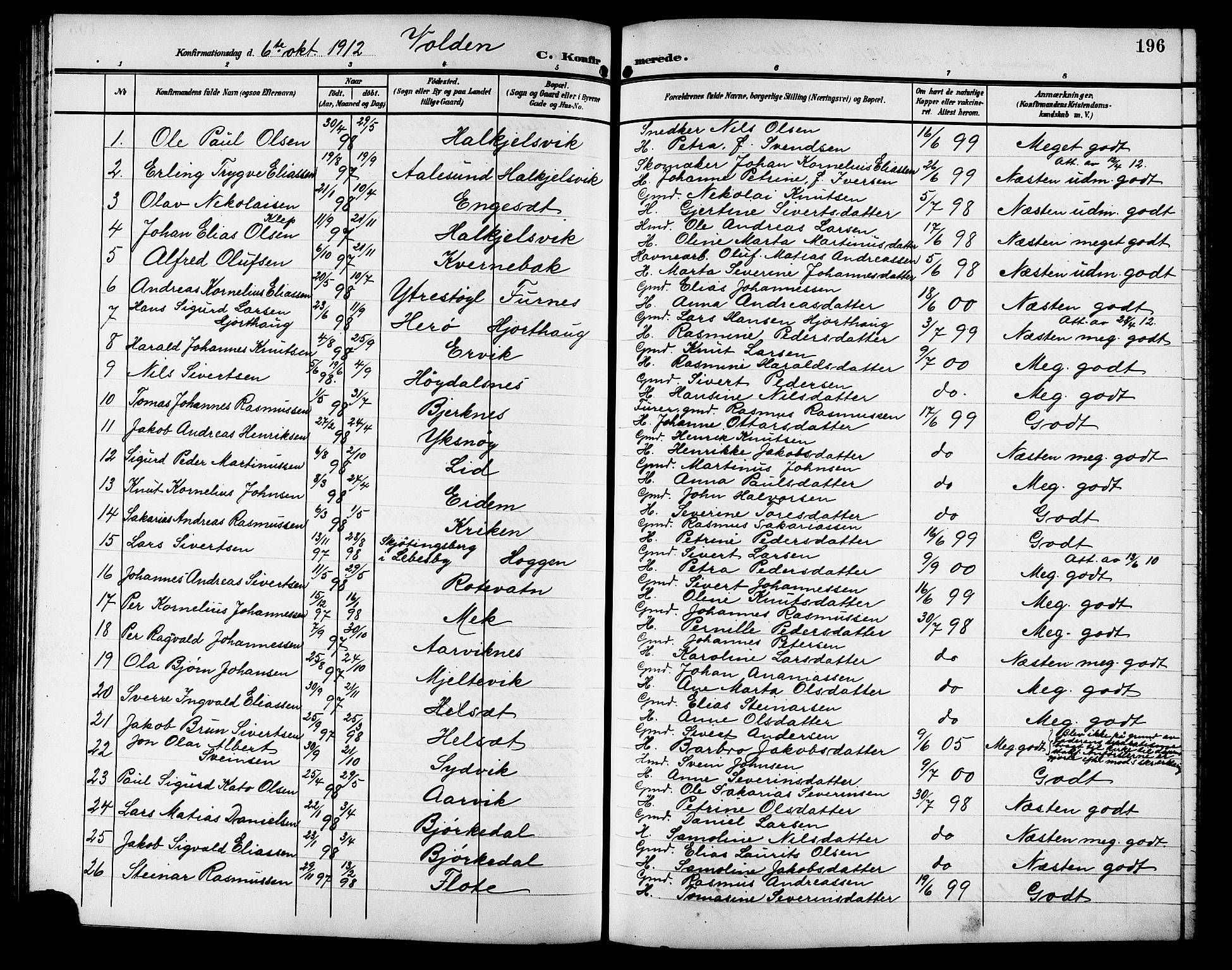 Ministerialprotokoller, klokkerbøker og fødselsregistre - Møre og Romsdal, SAT/A-1454/511/L0159: Parish register (copy) no. 511C05, 1902-1920, p. 196