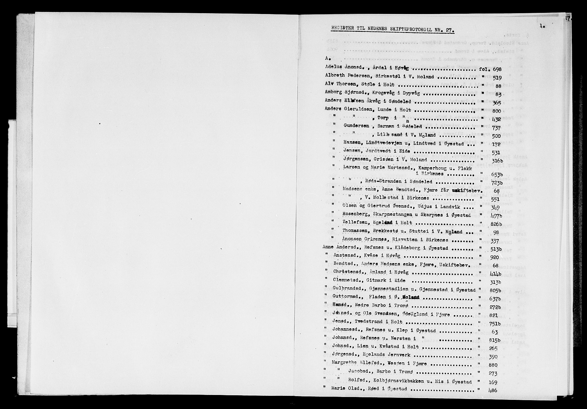 Nedenes sorenskriveri før 1824, AV/SAK-1221-0007/H/Hc/L0040: Skifteprotokoll med register nr 27, 1788-1791, p. 0-1