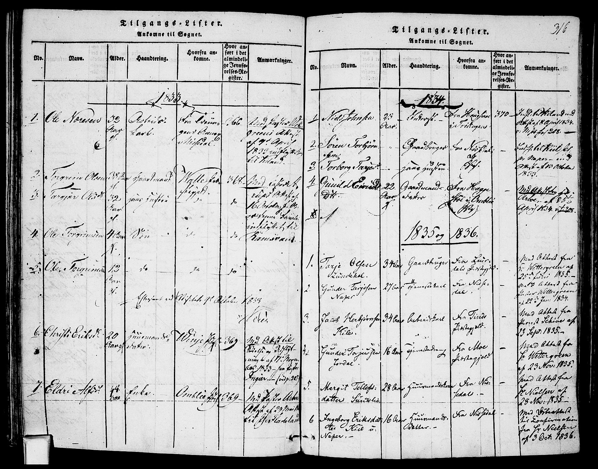 Fyresdal kirkebøker, AV/SAKO-A-263/F/Fa/L0003: Parish register (official) no. I 3, 1815-1840, p. 316